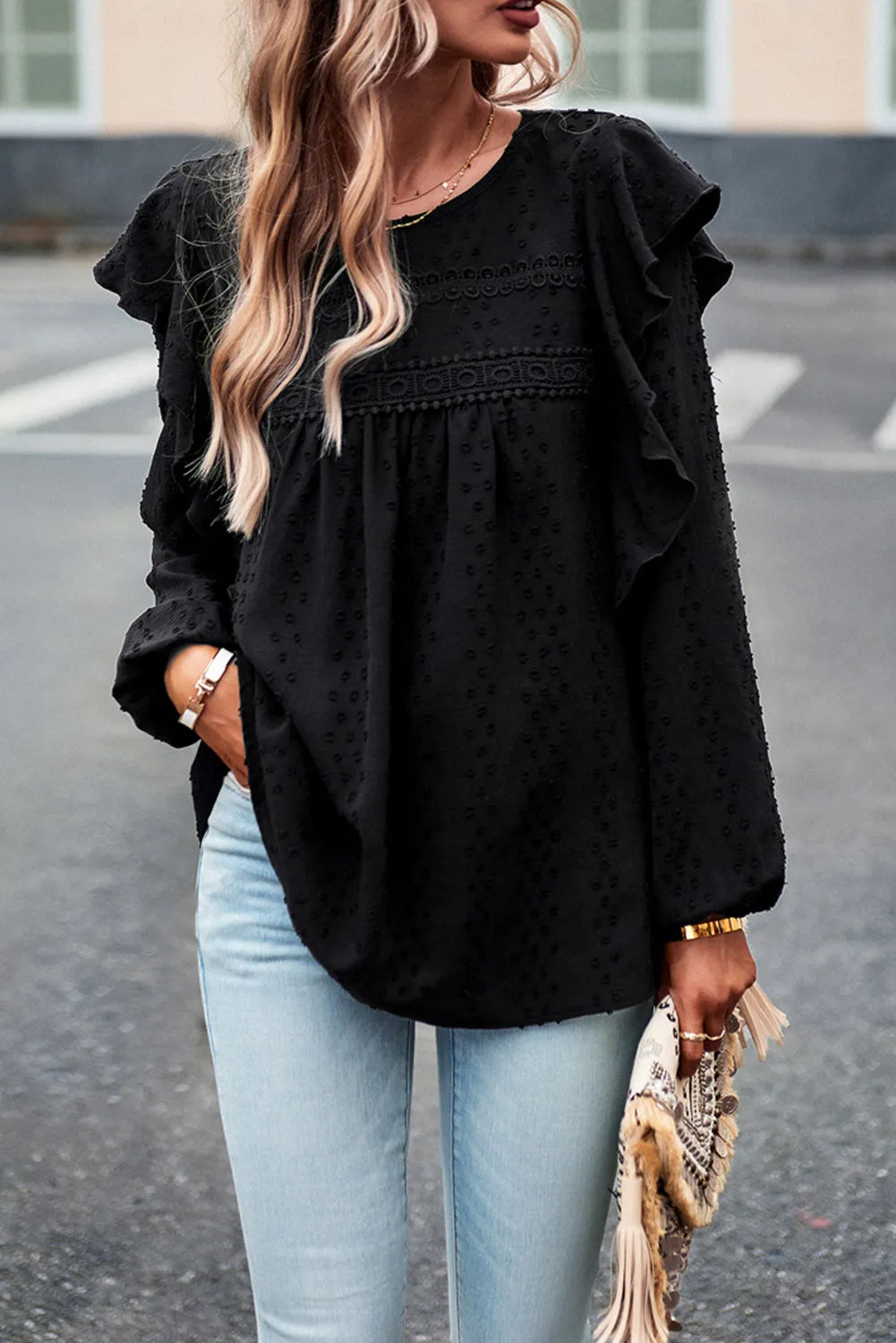 Eyelet Ruffle Lantern Sleeve Blouse