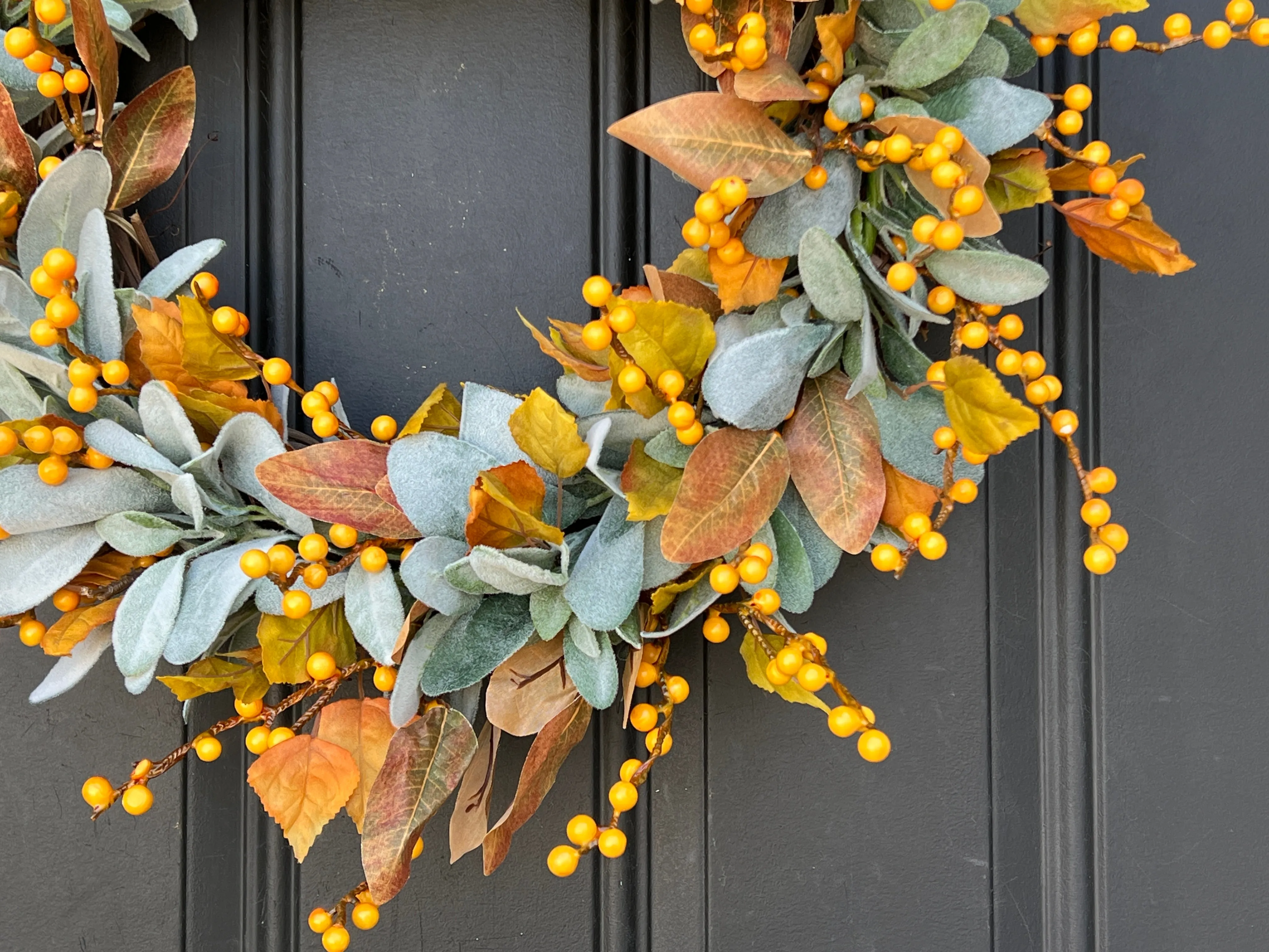 Fall Orange Berry and Lambs Ear Wreath with Birch Leaves
