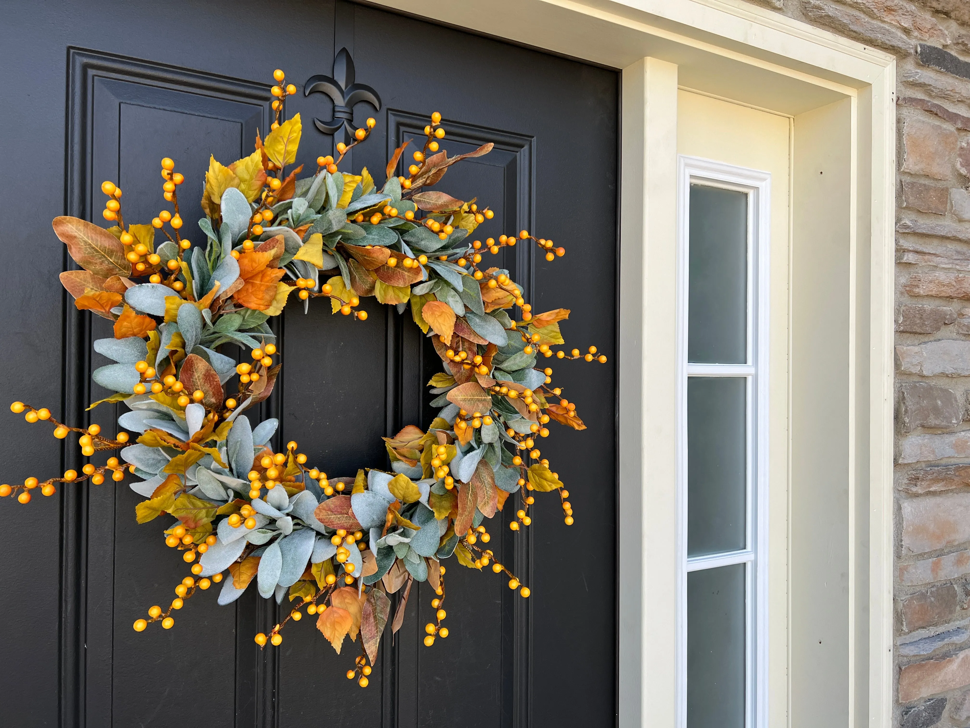 Fall Orange Berry and Lambs Ear Wreath with Birch Leaves