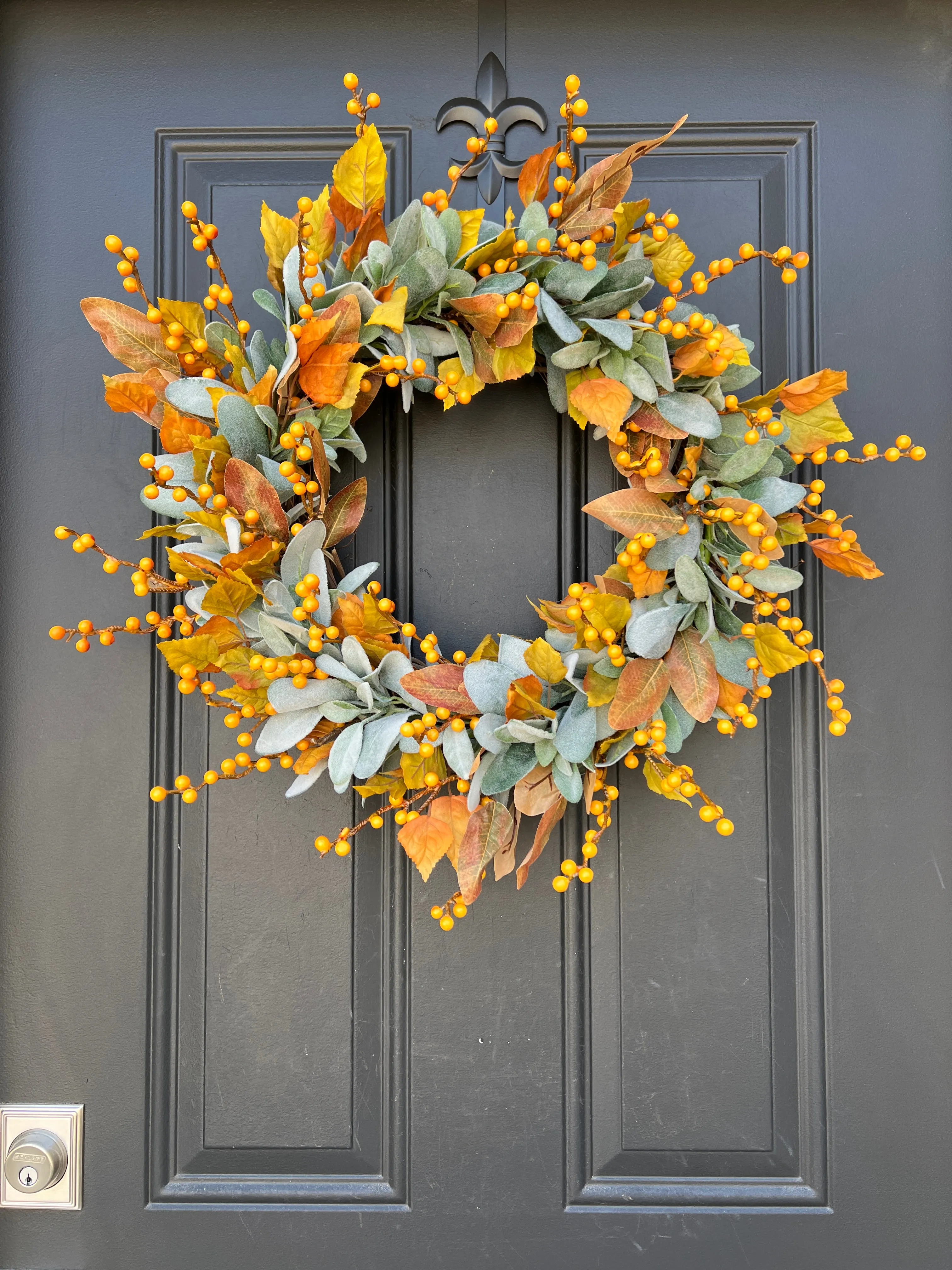 Fall Orange Berry and Lambs Ear Wreath with Birch Leaves