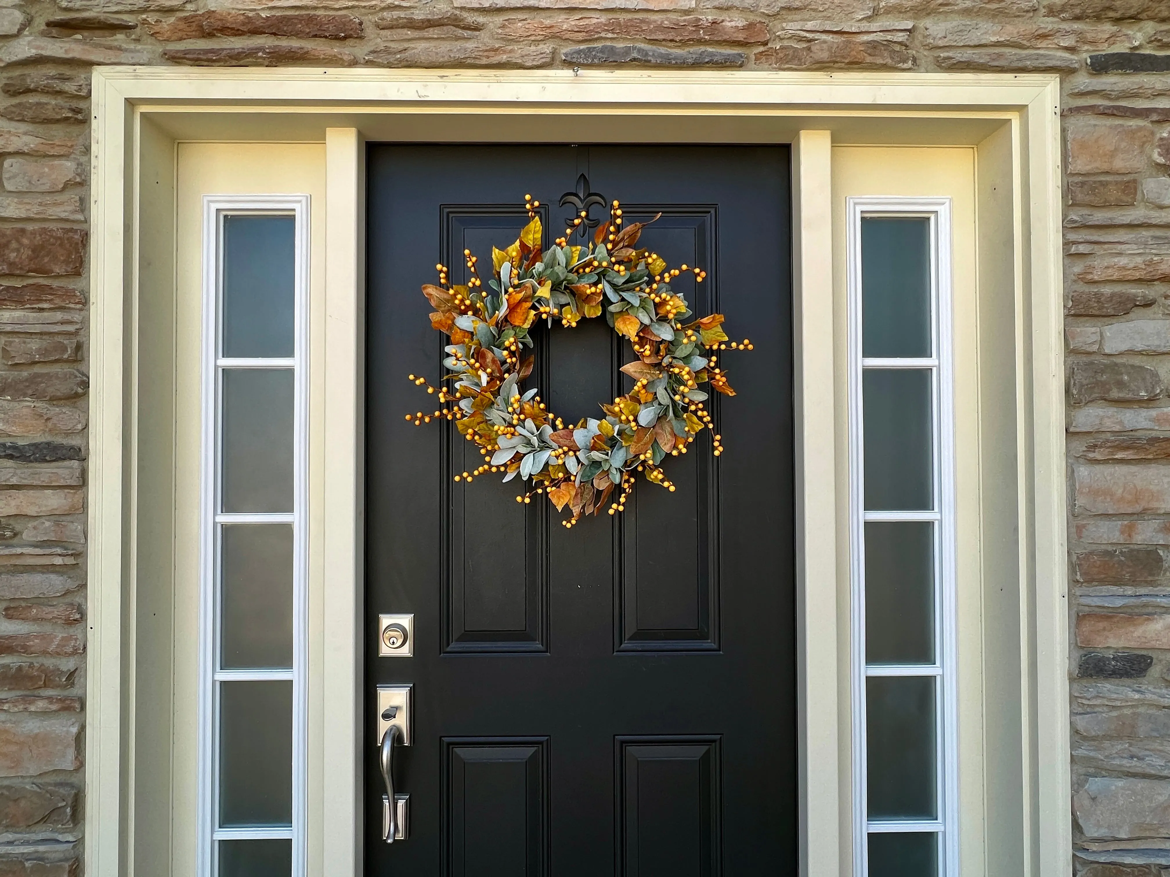 Fall Orange Berry and Lambs Ear Wreath with Birch Leaves