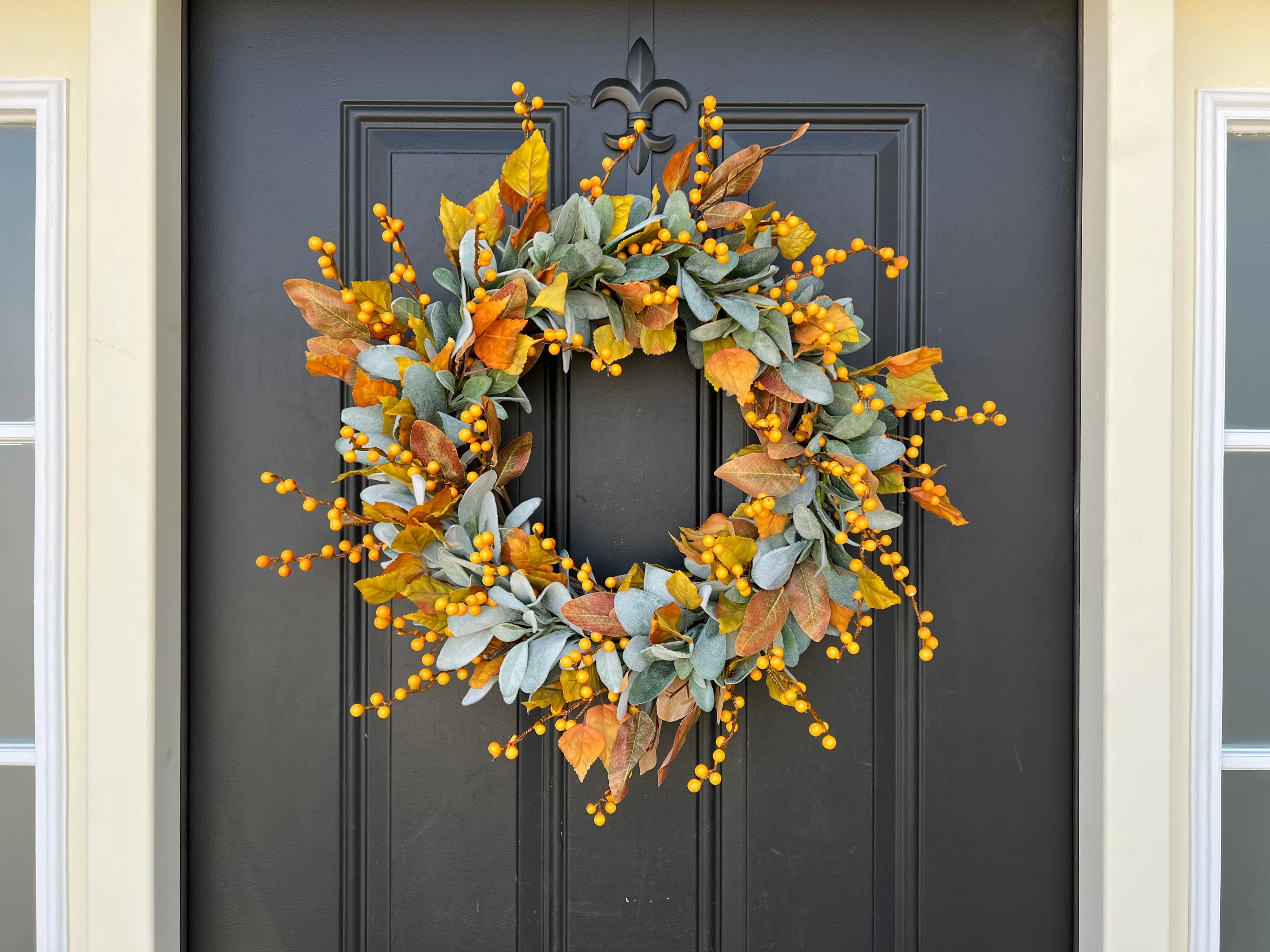 Fall Orange Berry and Lambs Ear Wreath with Birch Leaves