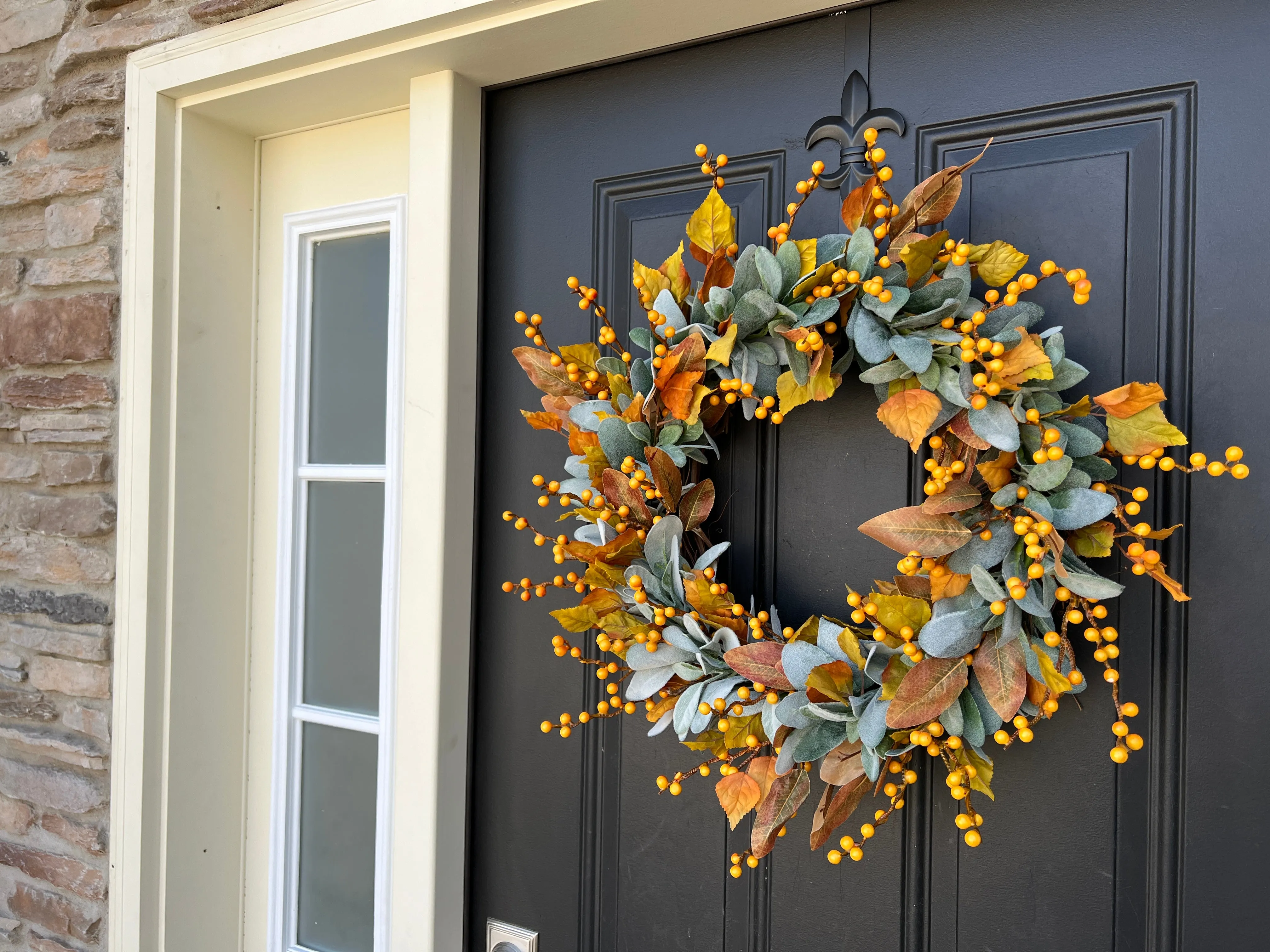 Fall Orange Berry and Lambs Ear Wreath with Birch Leaves