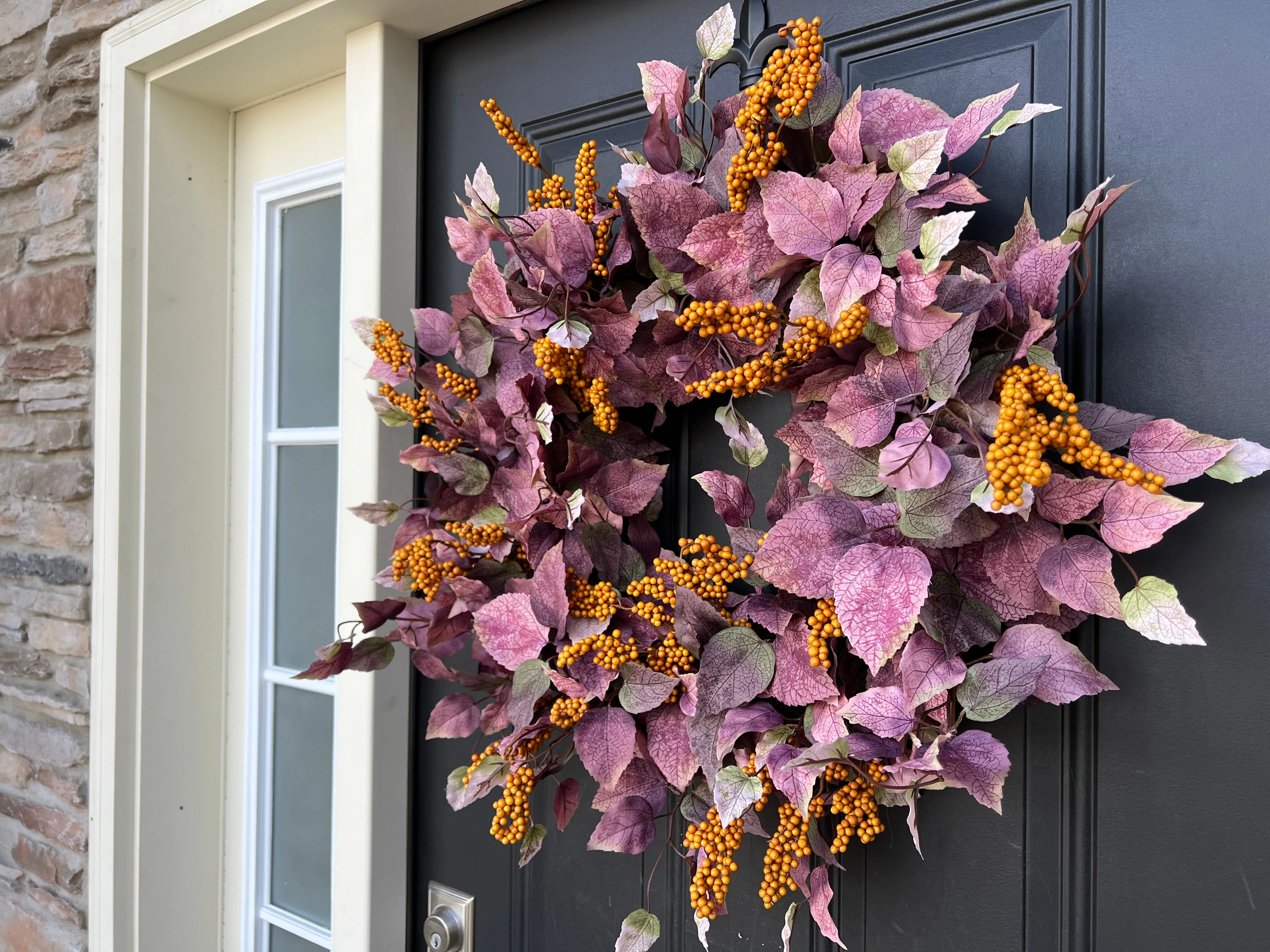 Fall Wreath with Purple Leaves and Orange Berry Clusters