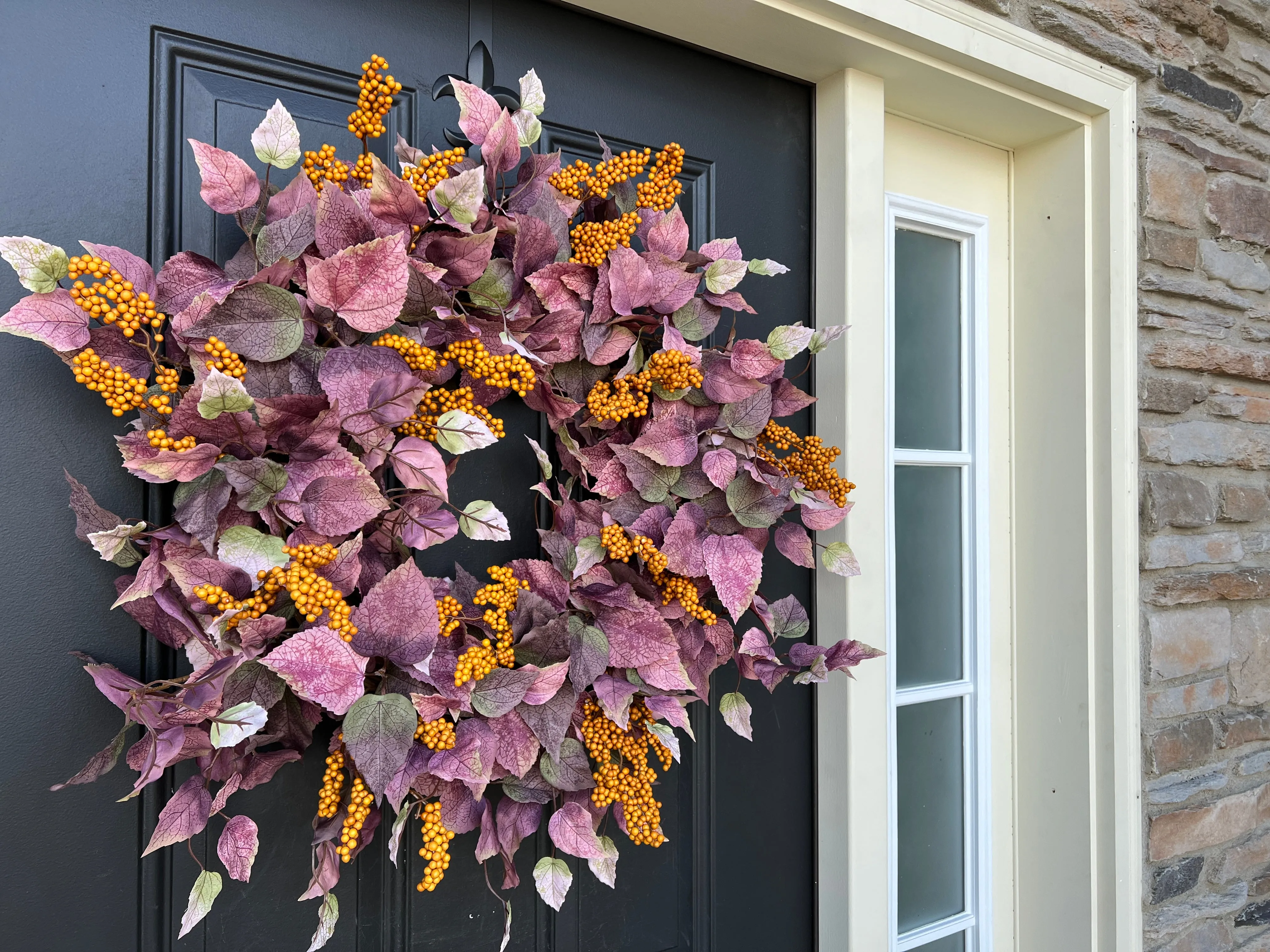 Fall Wreath with Purple Leaves and Orange Berry Clusters