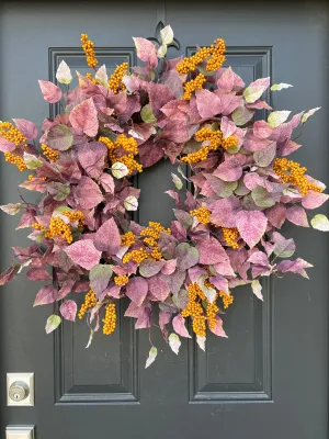 Fall Wreath with Purple Leaves and Orange Berry Clusters
