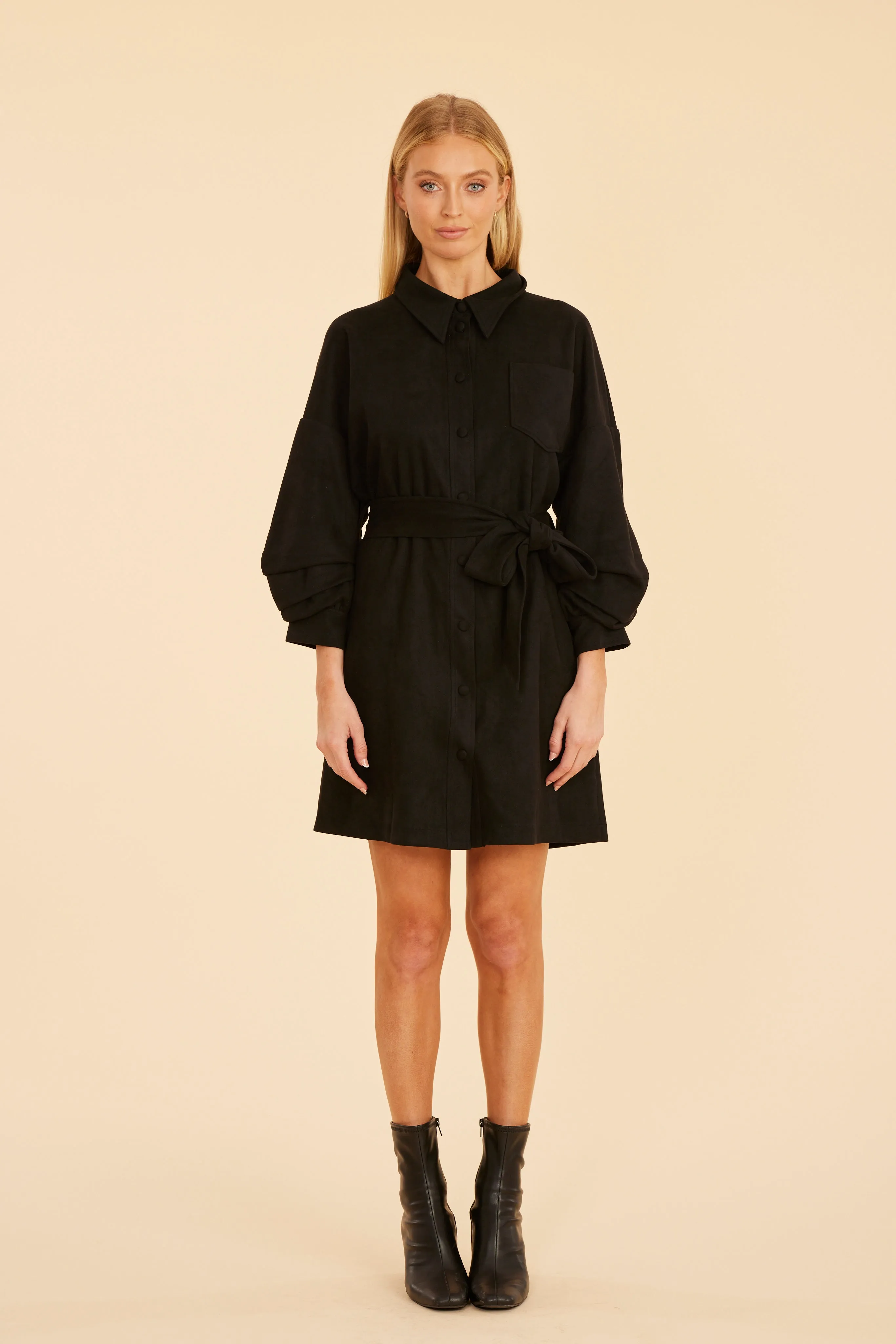 Faux Suede Belted Dress with Ruched Sleeves