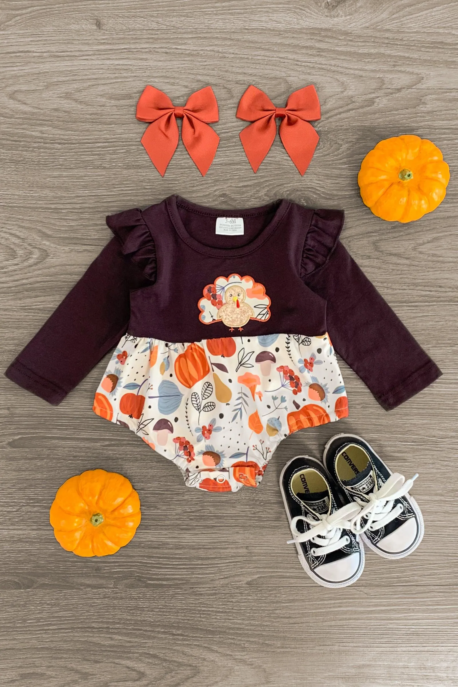 Festive Brown Turkey & Leaves Onesie