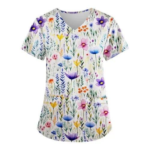 Floral Print Scrubs Tops Pet Grooming Uniforms Short Sleeve V Neck