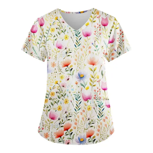 Floral Print Scrubs Tops Pet Grooming Uniforms Short Sleeve V Neck