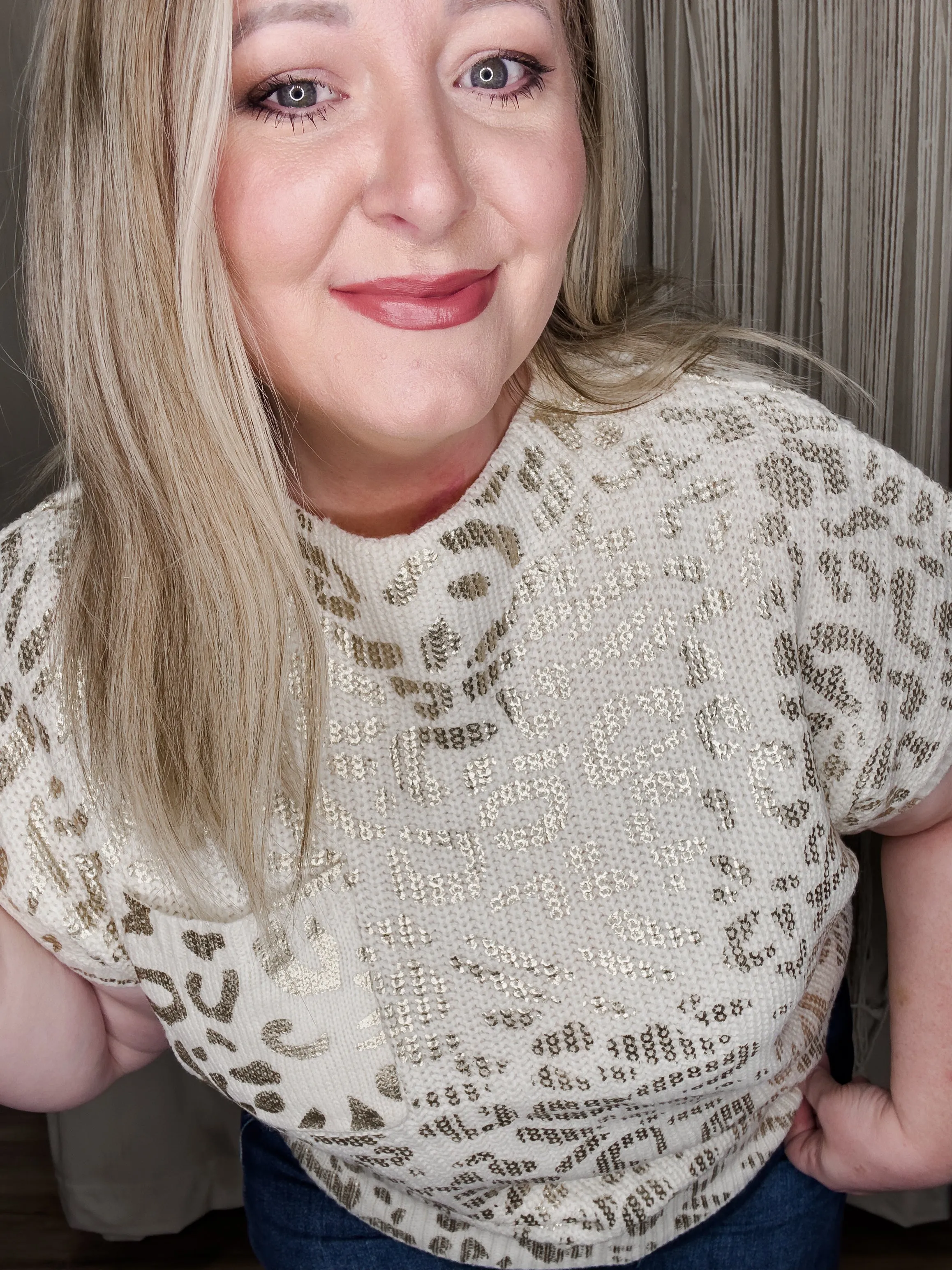 Foil leopard cap sleeve sweater top