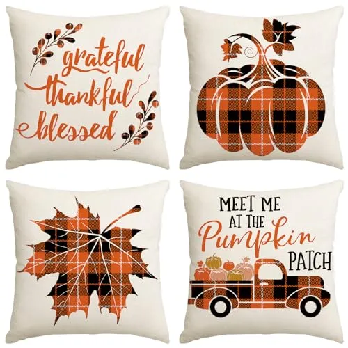 fokusent Fall Pillow Covers 18x18 for Thanksgiving Decorations Set of 4 Pumpkins Truck Fall Pillows Decorative Square Throw Pillows Covers for Sofa Couch Farmhouse Home Decoration