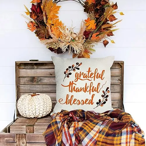 fokusent Fall Pillow Covers 18x18 for Thanksgiving Decorations Set of 4 Pumpkins Truck Fall Pillows Decorative Square Throw Pillows Covers for Sofa Couch Farmhouse Home Decoration