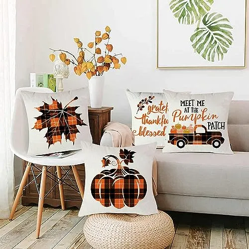 fokusent Fall Pillow Covers 18x18 for Thanksgiving Decorations Set of 4 Pumpkins Truck Fall Pillows Decorative Square Throw Pillows Covers for Sofa Couch Farmhouse Home Decoration