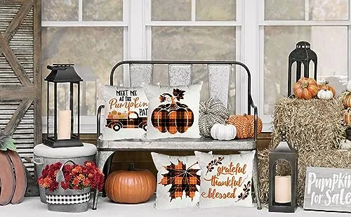 fokusent Fall Pillow Covers 18x18 for Thanksgiving Decorations Set of 4 Pumpkins Truck Fall Pillows Decorative Square Throw Pillows Covers for Sofa Couch Farmhouse Home Decoration