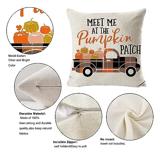 fokusent Fall Pillow Covers 18x18 for Thanksgiving Decorations Set of 4 Pumpkins Truck Fall Pillows Decorative Square Throw Pillows Covers for Sofa Couch Farmhouse Home Decoration