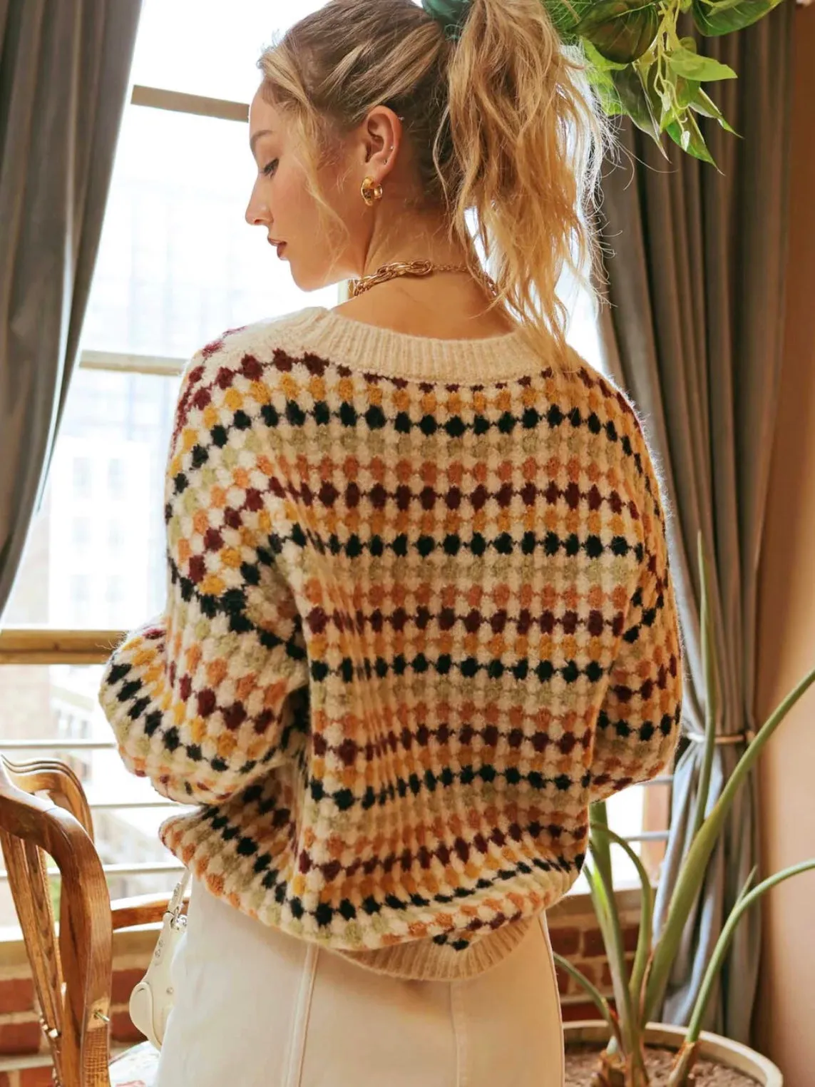 Frankie Multicolor Crew Knit Sweater - Cream Multi