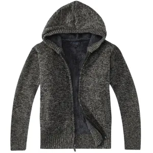 Full Zip Knitted Cardigan Sweater with Hoody and Sherpa Lining - Charcoal