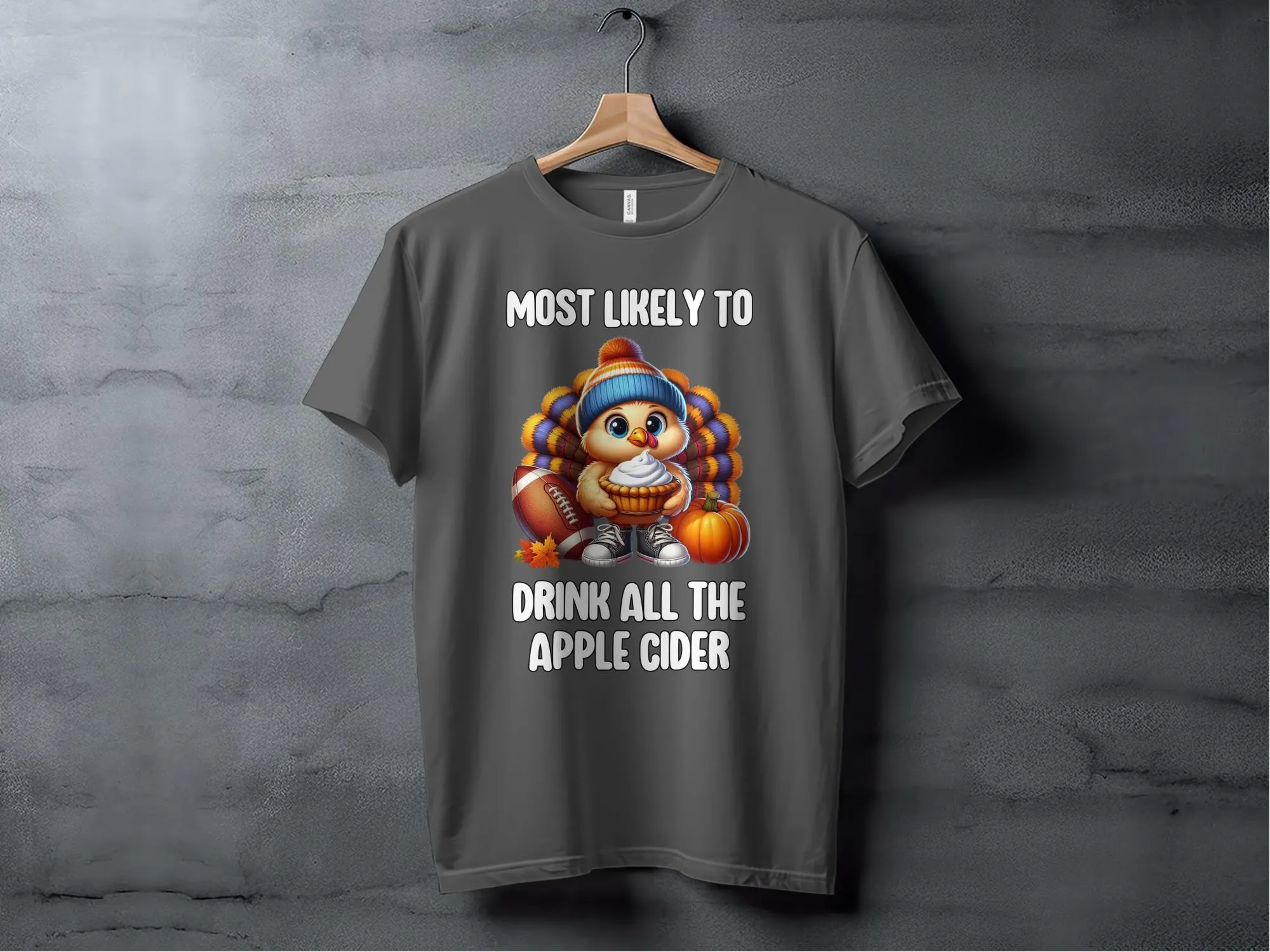 Funny Fall Turkey Drinking Apple Cider T-Shirt, Thanksgiving Turkey T-Shirt, Humorous Autumn Graphic Tee, Cute Turkey Shirt