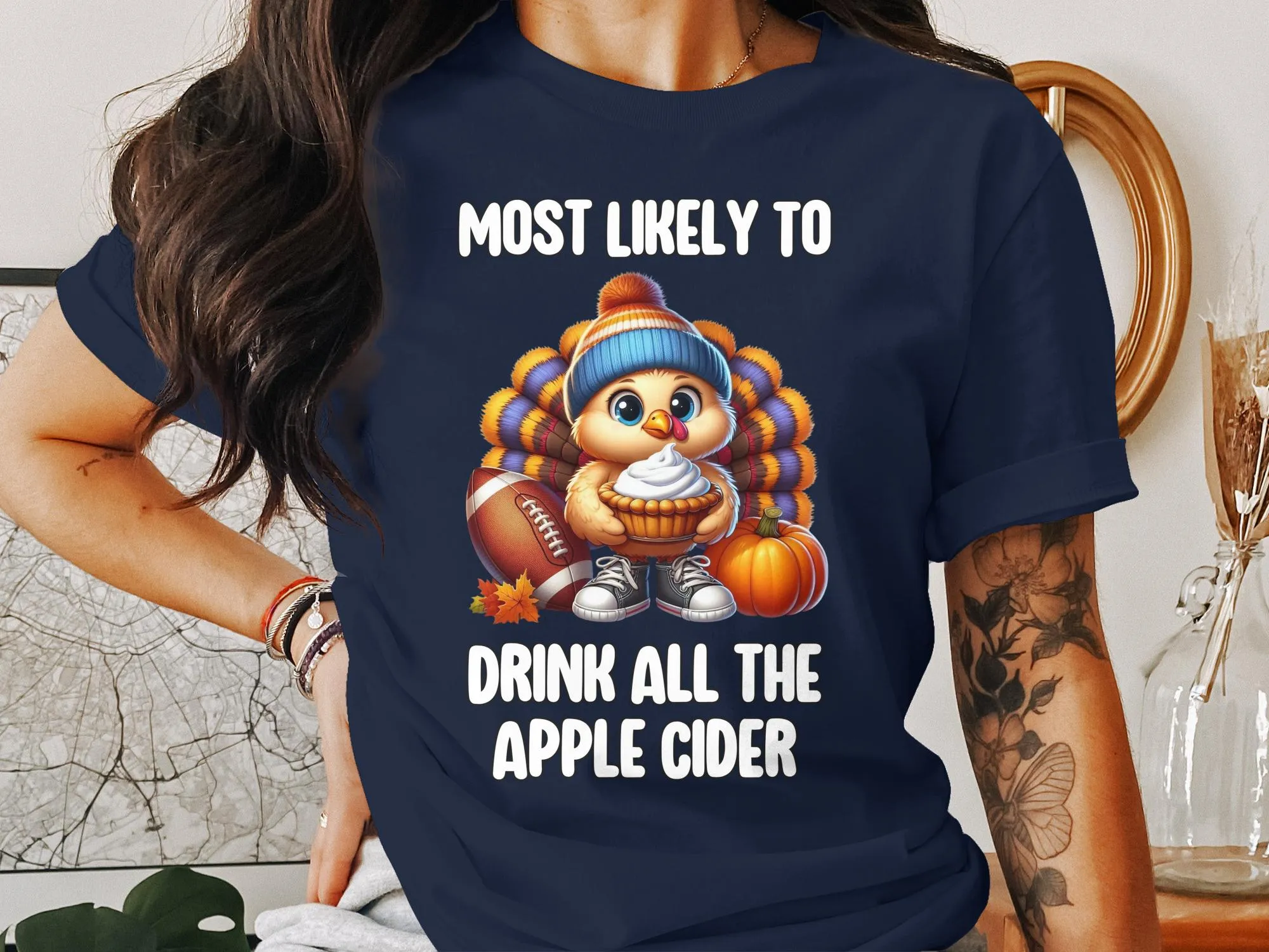 Funny Fall Turkey Drinking Apple Cider T-Shirt, Thanksgiving Turkey T-Shirt, Humorous Autumn Graphic Tee, Cute Turkey Shirt