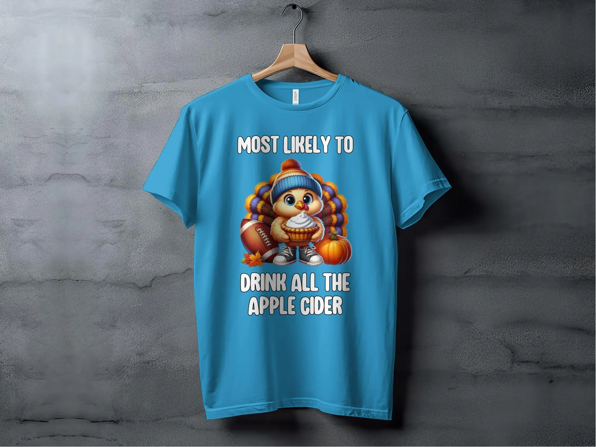 Funny Fall Turkey Drinking Apple Cider T-Shirt, Thanksgiving Turkey T-Shirt, Humorous Autumn Graphic Tee, Cute Turkey Shirt
