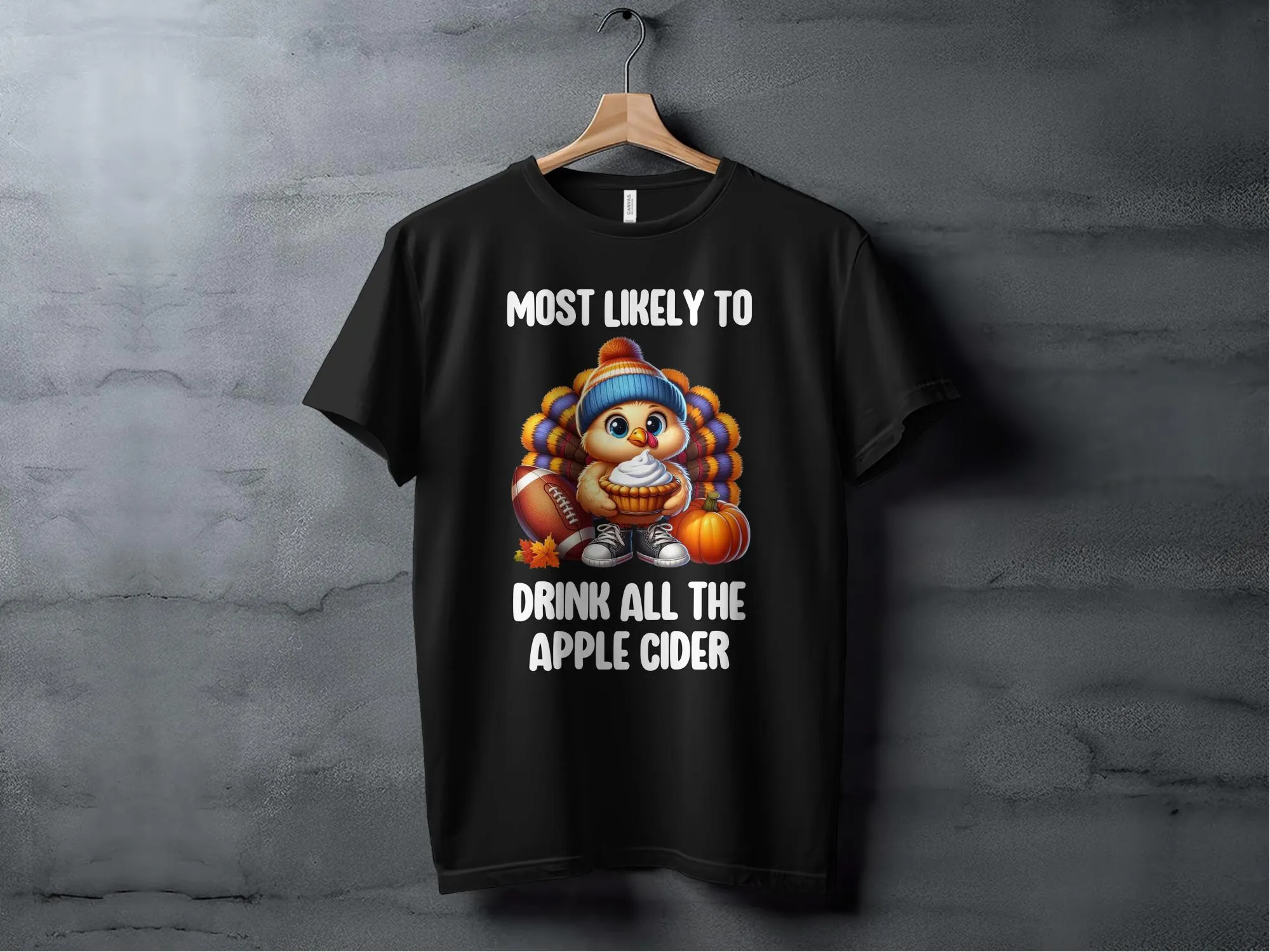 Funny Fall Turkey Drinking Apple Cider T-Shirt, Thanksgiving Turkey T-Shirt, Humorous Autumn Graphic Tee, Cute Turkey Shirt