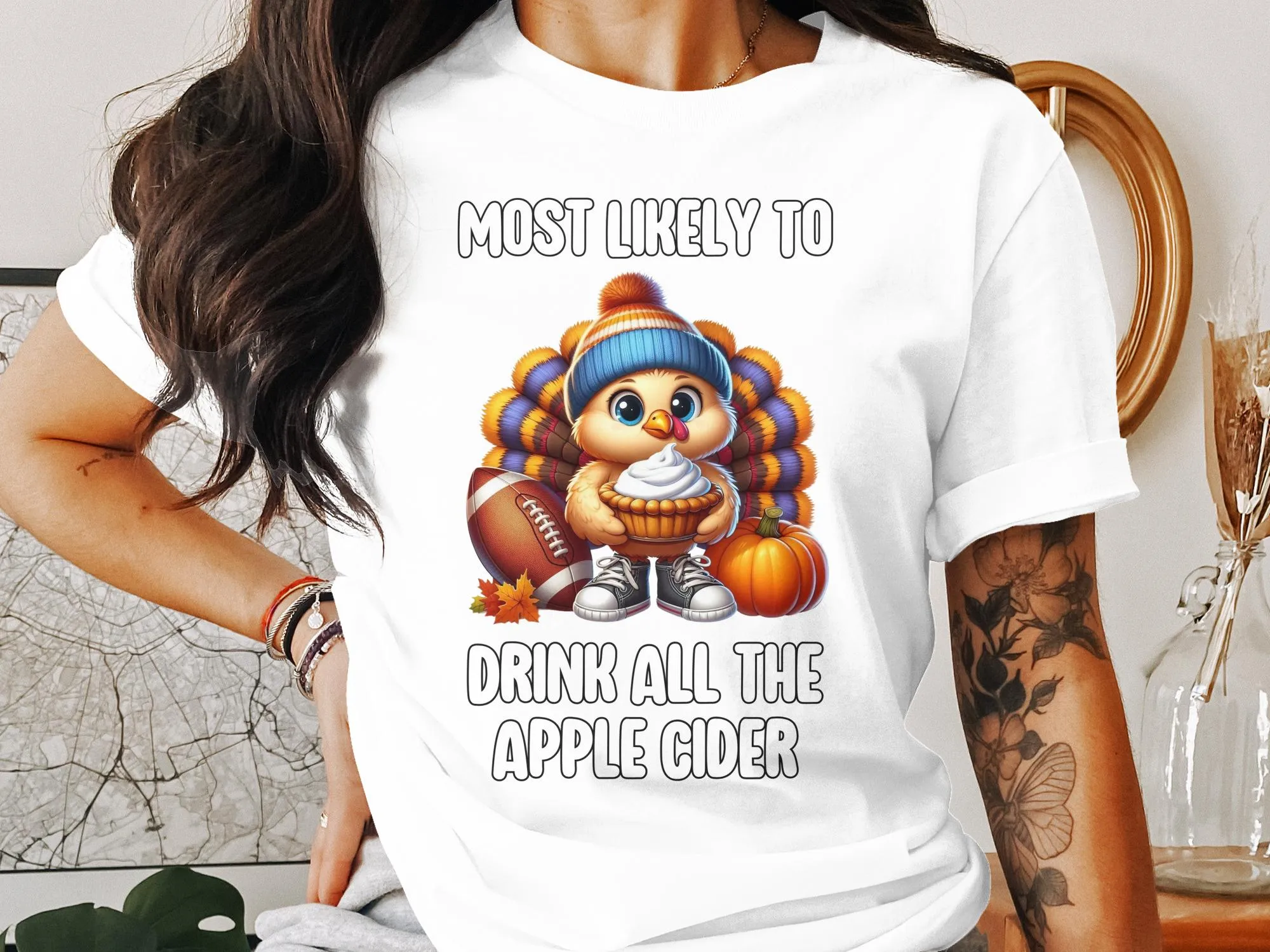 Funny Fall Turkey Drinking Apple Cider T-Shirt, Thanksgiving Turkey T-Shirt, Humorous Autumn Graphic Tee, Cute Turkey Shirt