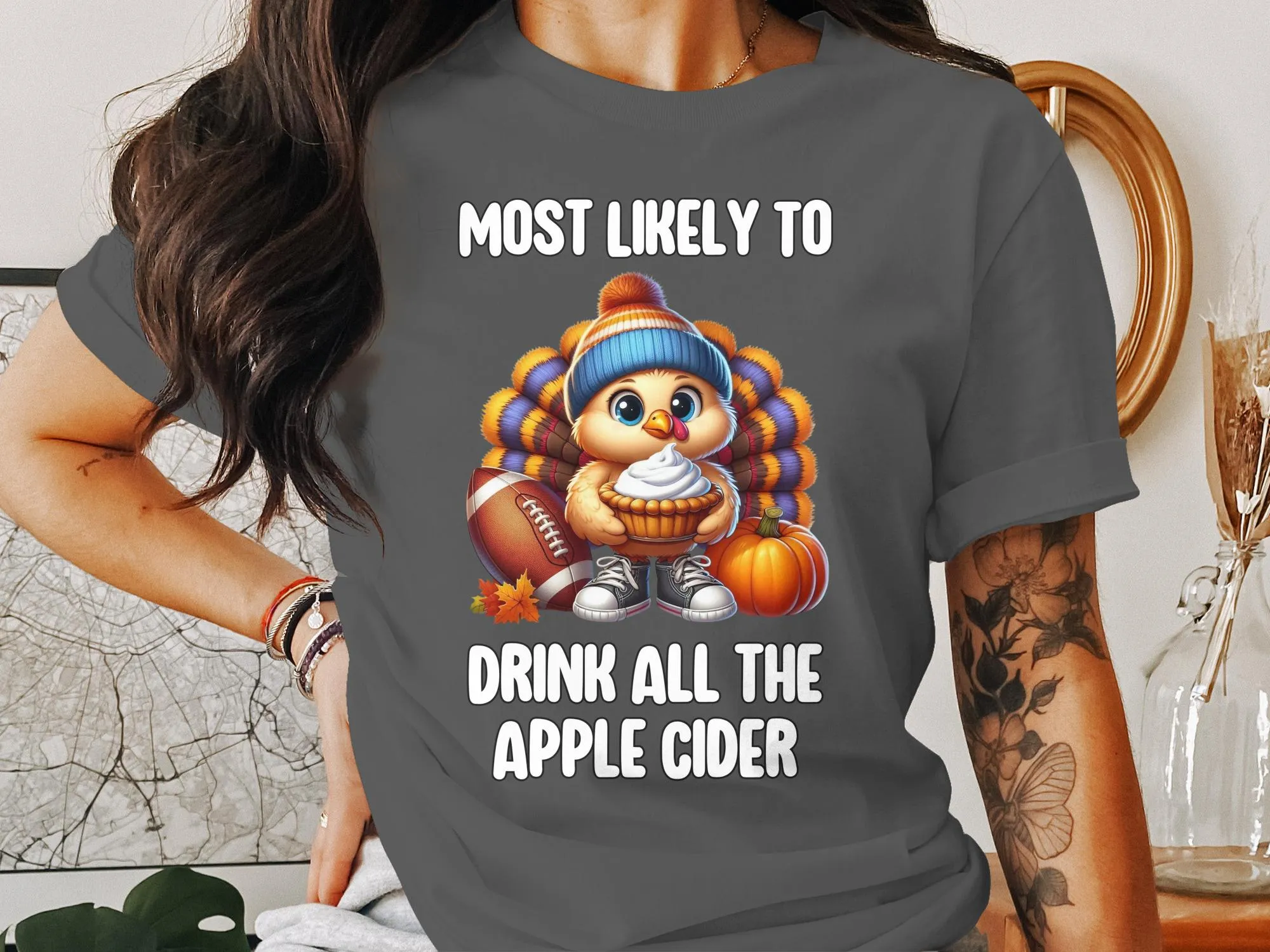 Funny Fall Turkey Drinking Apple Cider T-Shirt, Thanksgiving Turkey T-Shirt, Humorous Autumn Graphic Tee, Cute Turkey Shirt