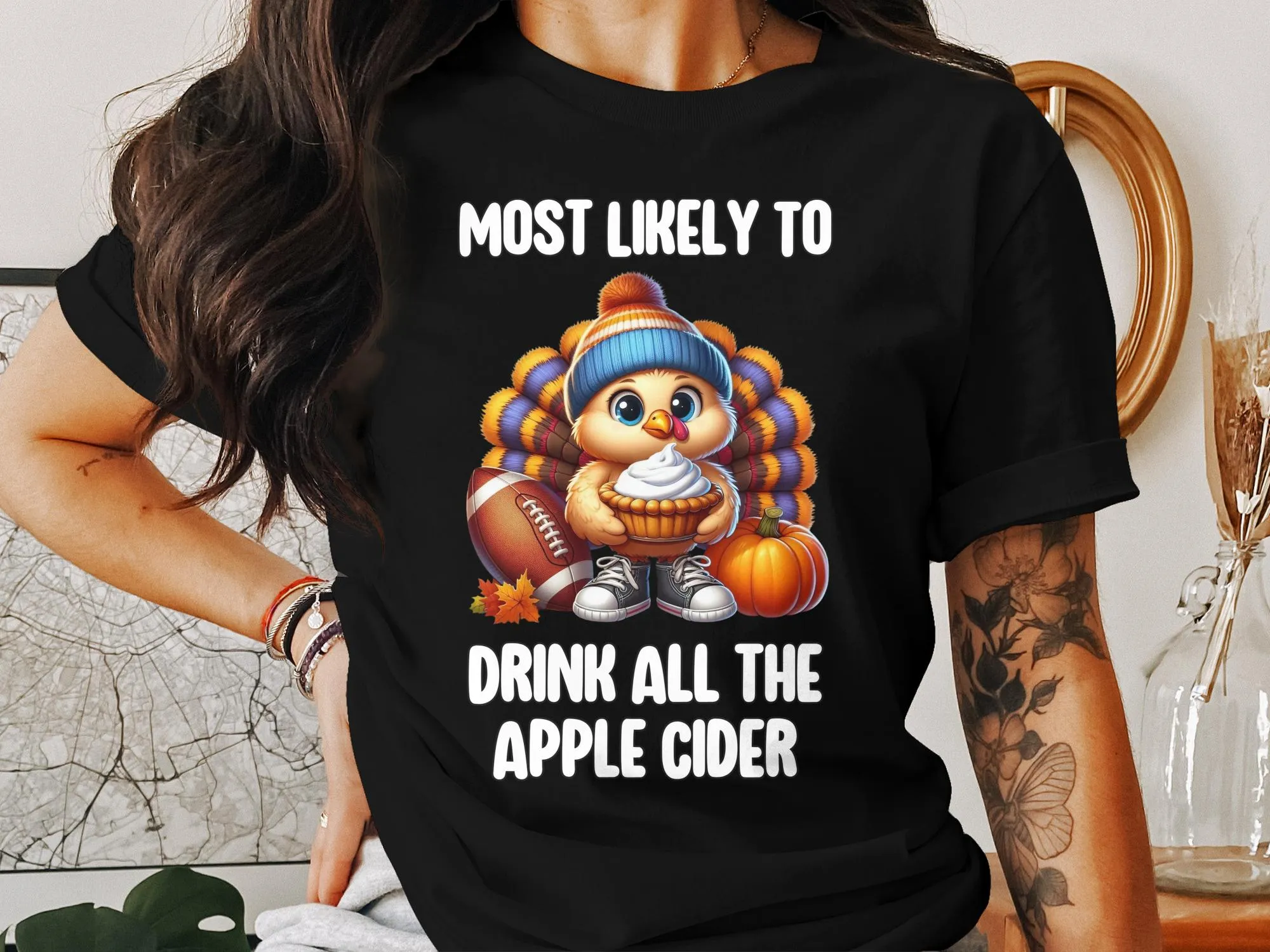Funny Fall Turkey Drinking Apple Cider T-Shirt, Thanksgiving Turkey T-Shirt, Humorous Autumn Graphic Tee, Cute Turkey Shirt