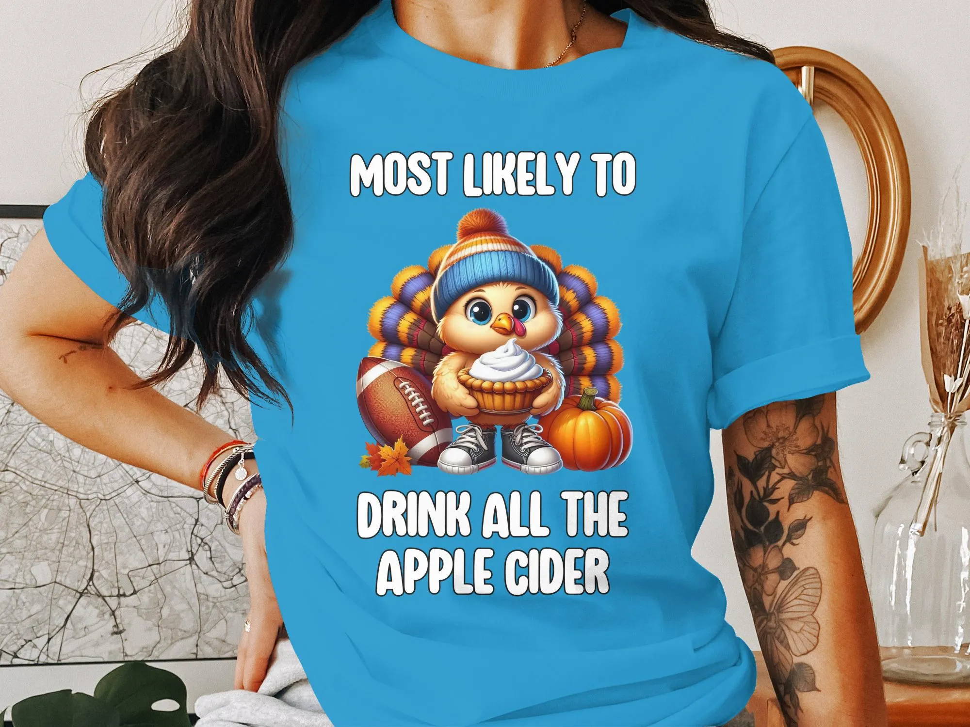Funny Fall Turkey Drinking Apple Cider T-Shirt, Thanksgiving Turkey T-Shirt, Humorous Autumn Graphic Tee, Cute Turkey Shirt