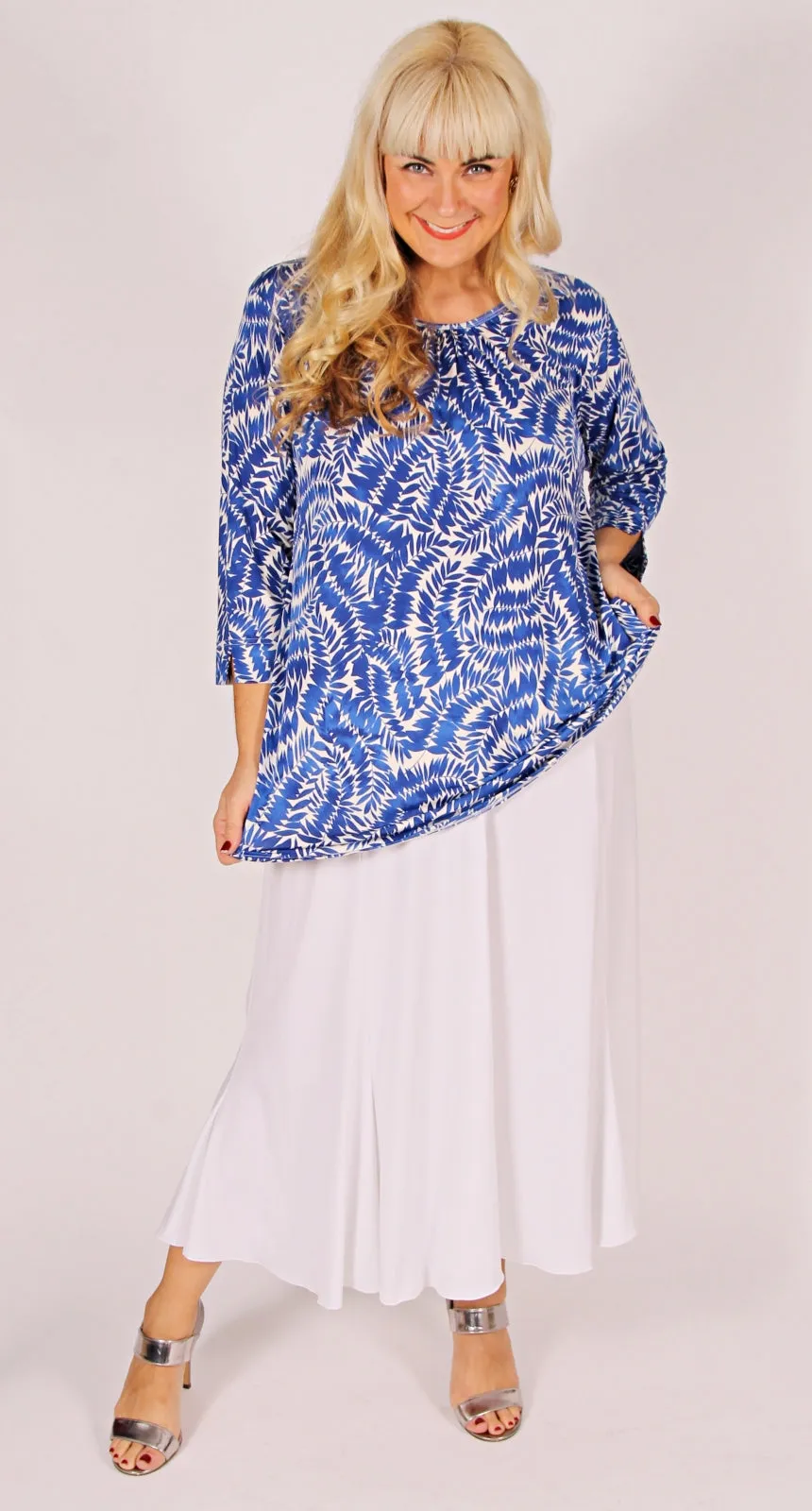 Gathered Crew Neck Top Royal on Ivory