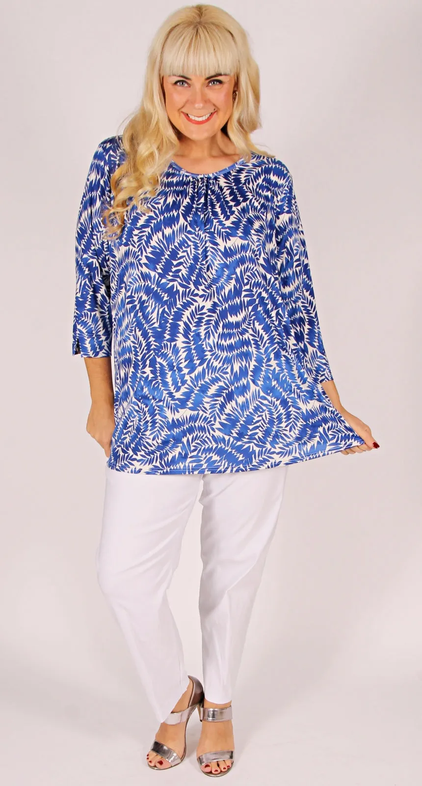 Gathered Crew Neck Top Royal on Ivory