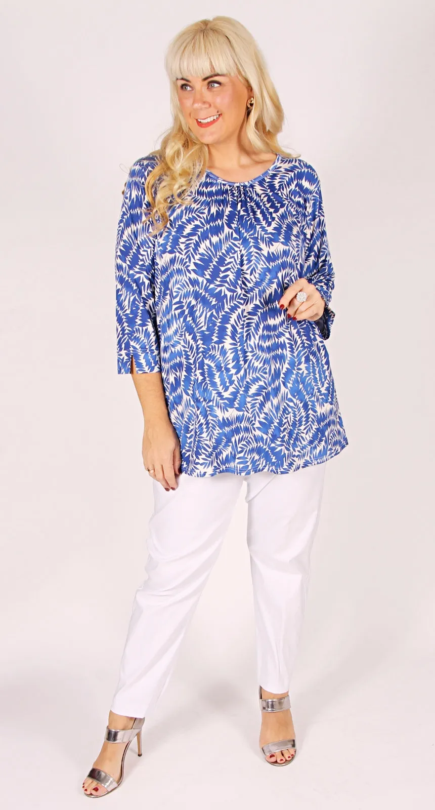 Gathered Crew Neck Top Royal on Ivory