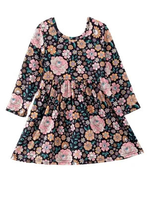 Girls Autumn Milk Silk Floral Print Dress