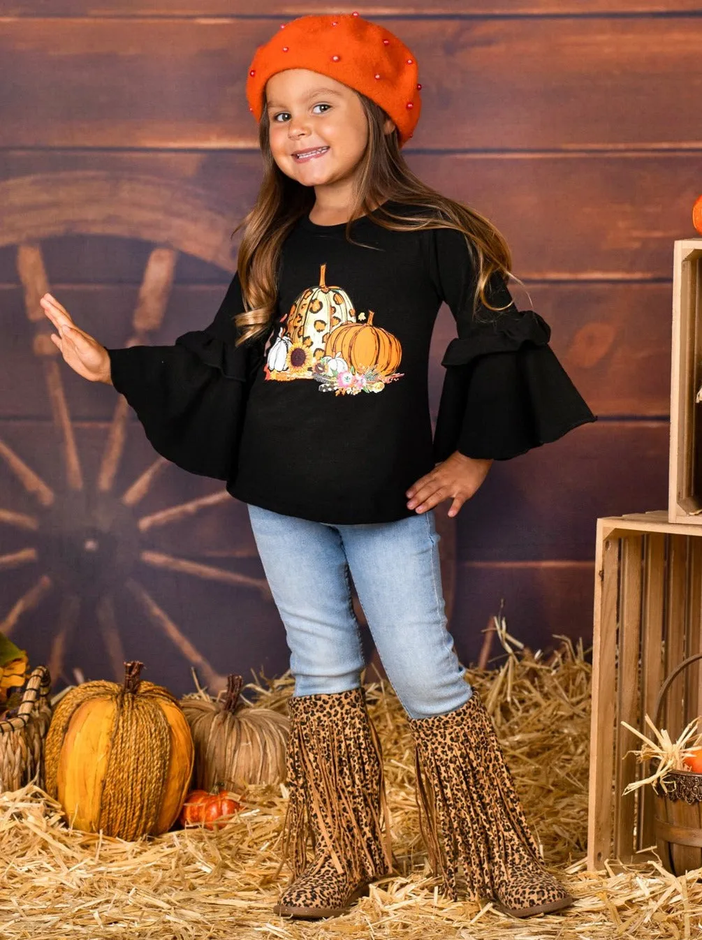 Girls Boho Sleeve Leopard Pumpkin Top