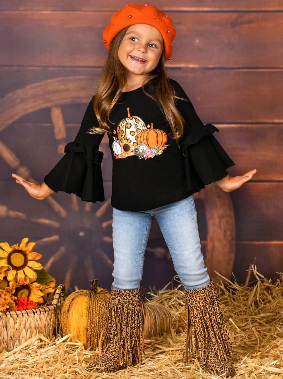 Girls Boho Sleeve Leopard Pumpkin Top