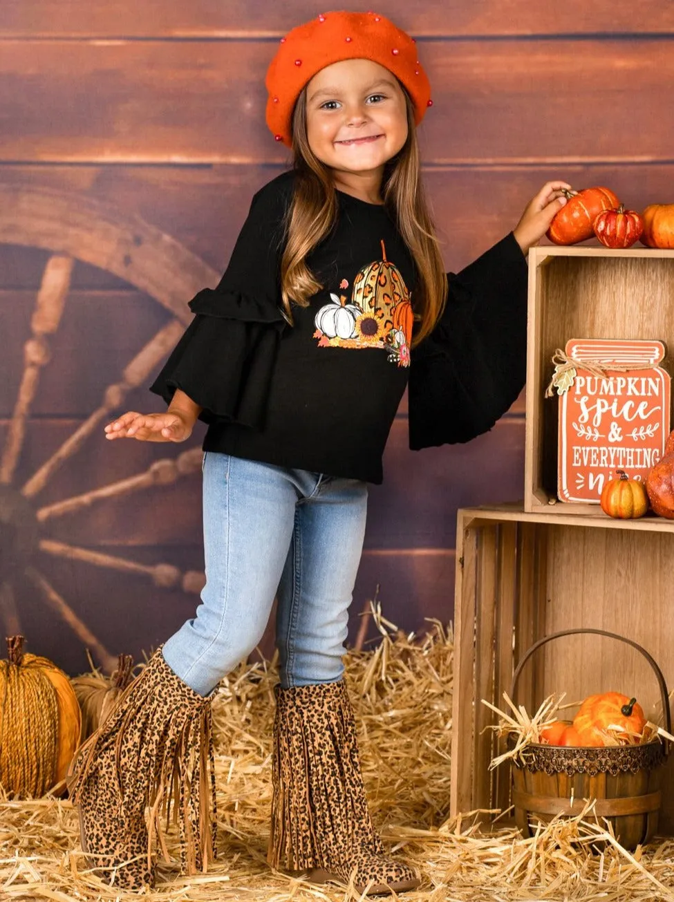 Girls Boho Sleeve Leopard Pumpkin Top
