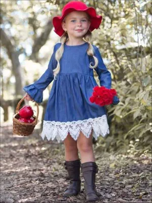 Girls Denim And Lace Long Sleeve Dress