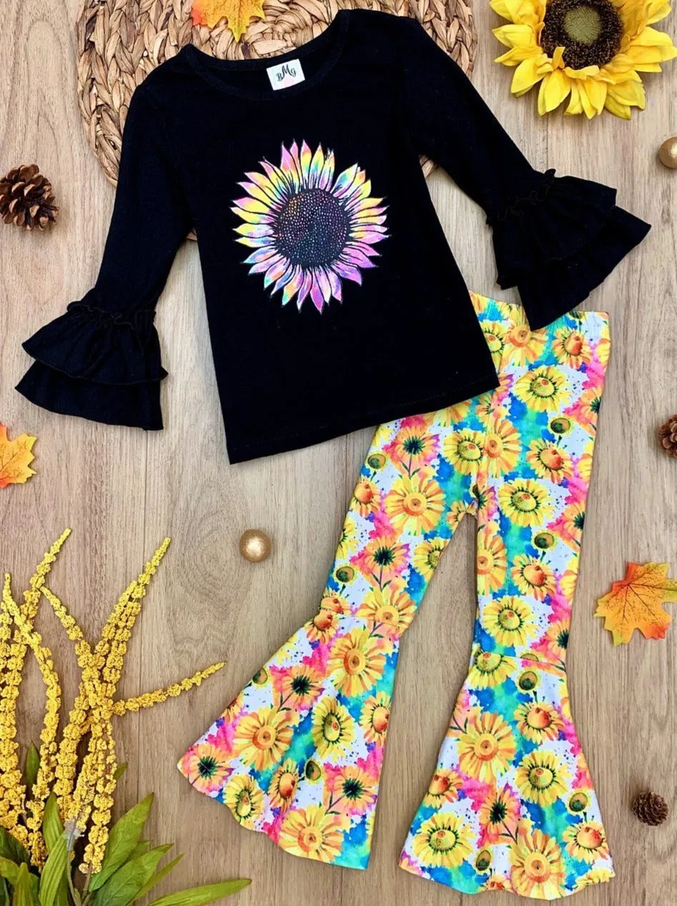 Girls Double Ruffled Sleeve Sunflower Top and Bell Bottom Pants Set