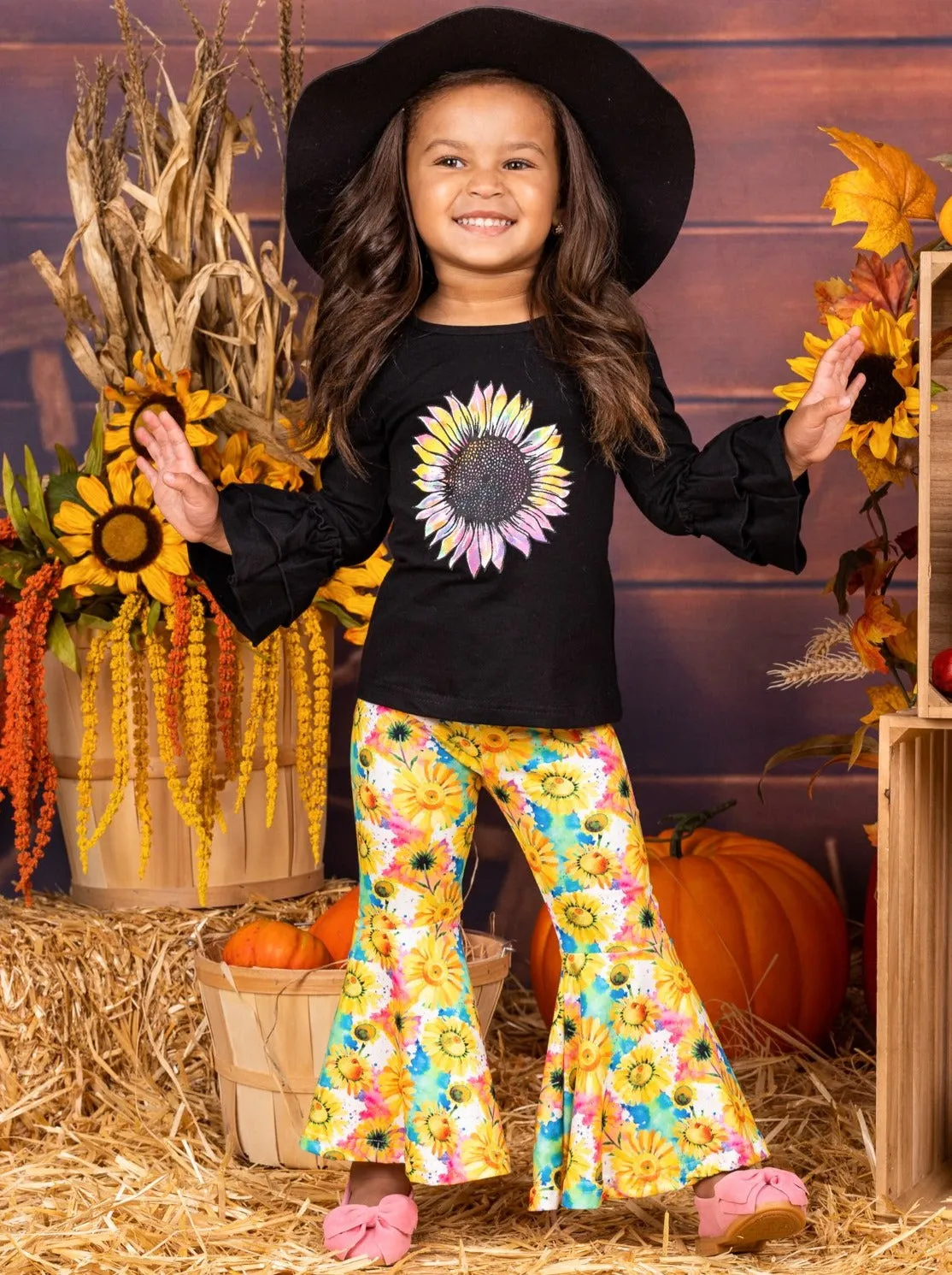 Girls Double Ruffled Sleeve Sunflower Top and Bell Bottom Pants Set