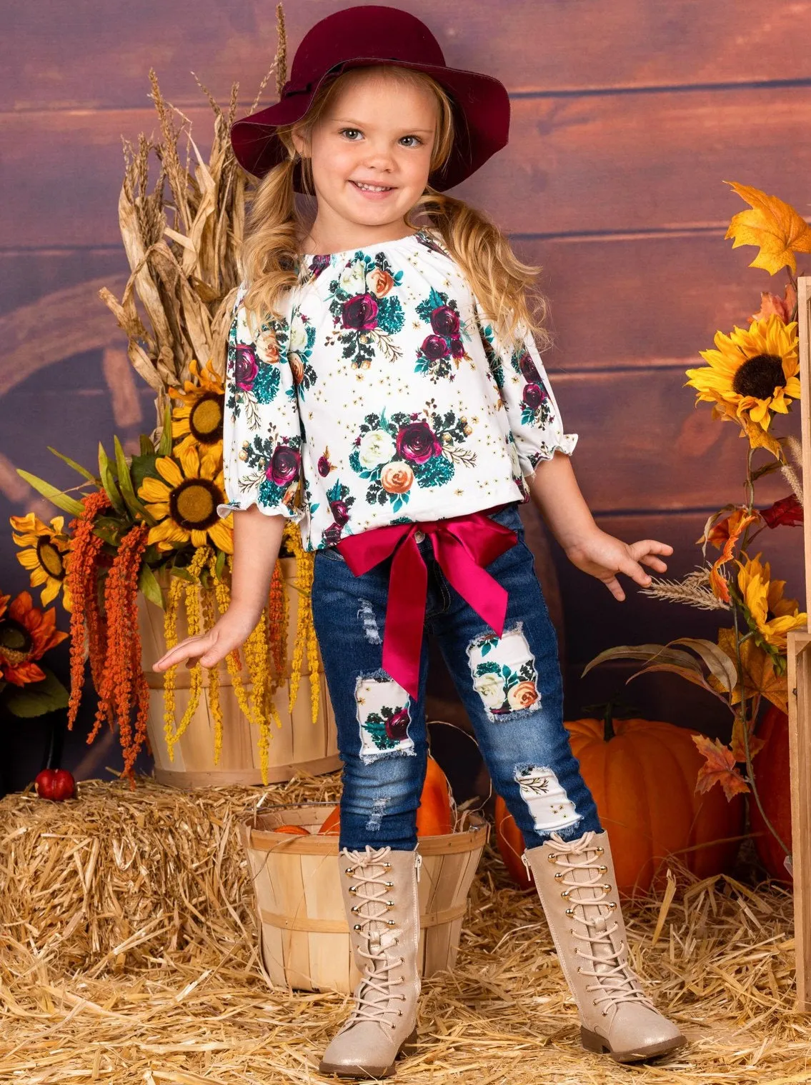 Girls Floral Print Top and Patched Jeans Set