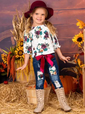 Girls Floral Print Top and Patched Jeans Set