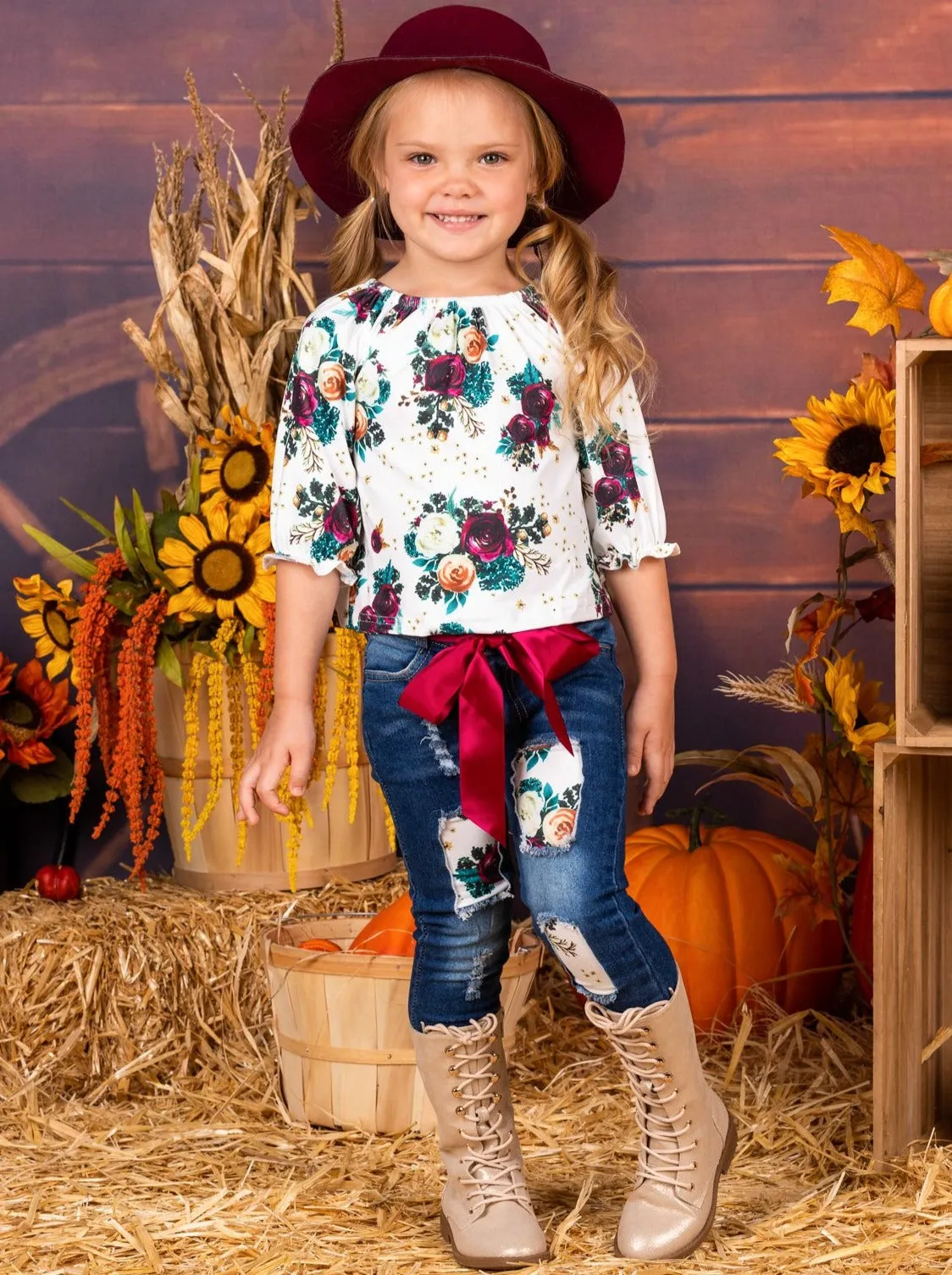 Girls Floral Print Top and Patched Jeans Set