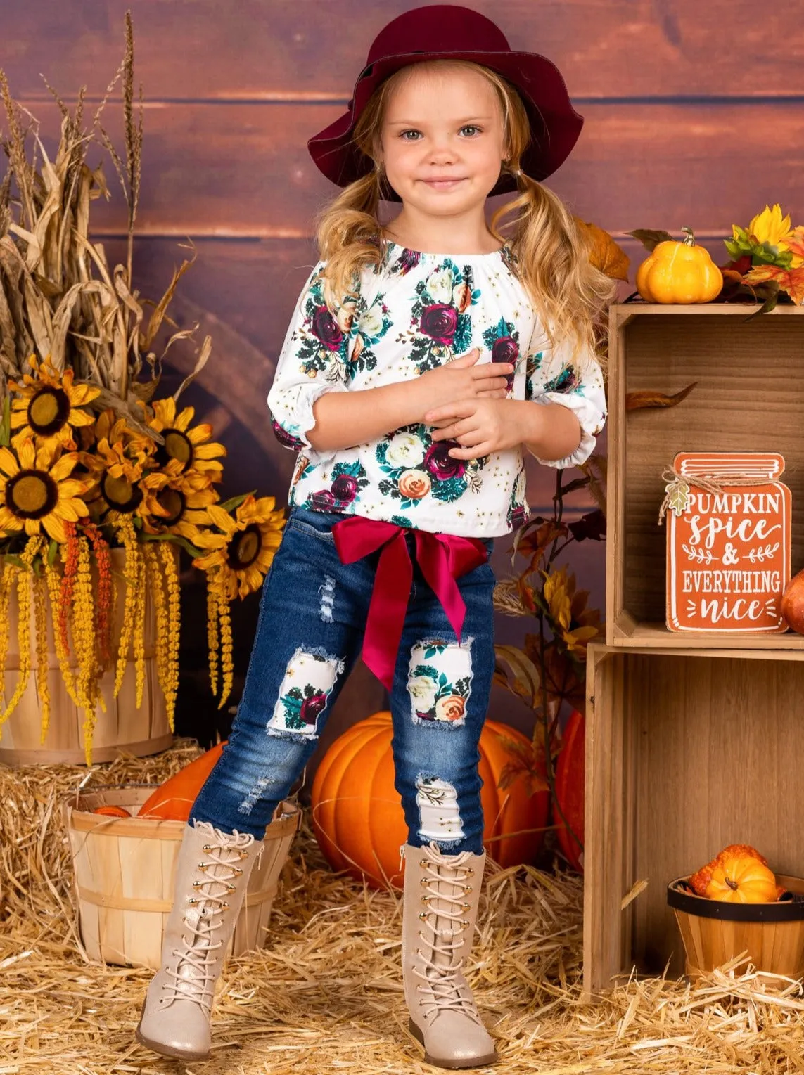 Girls Floral Print Top and Patched Jeans Set