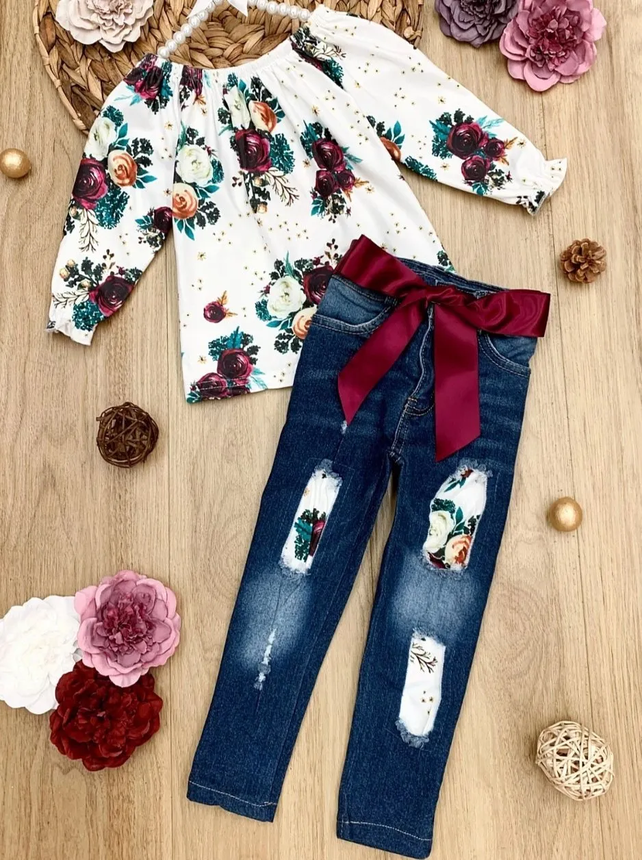 Girls Floral Print Top and Patched Jeans Set