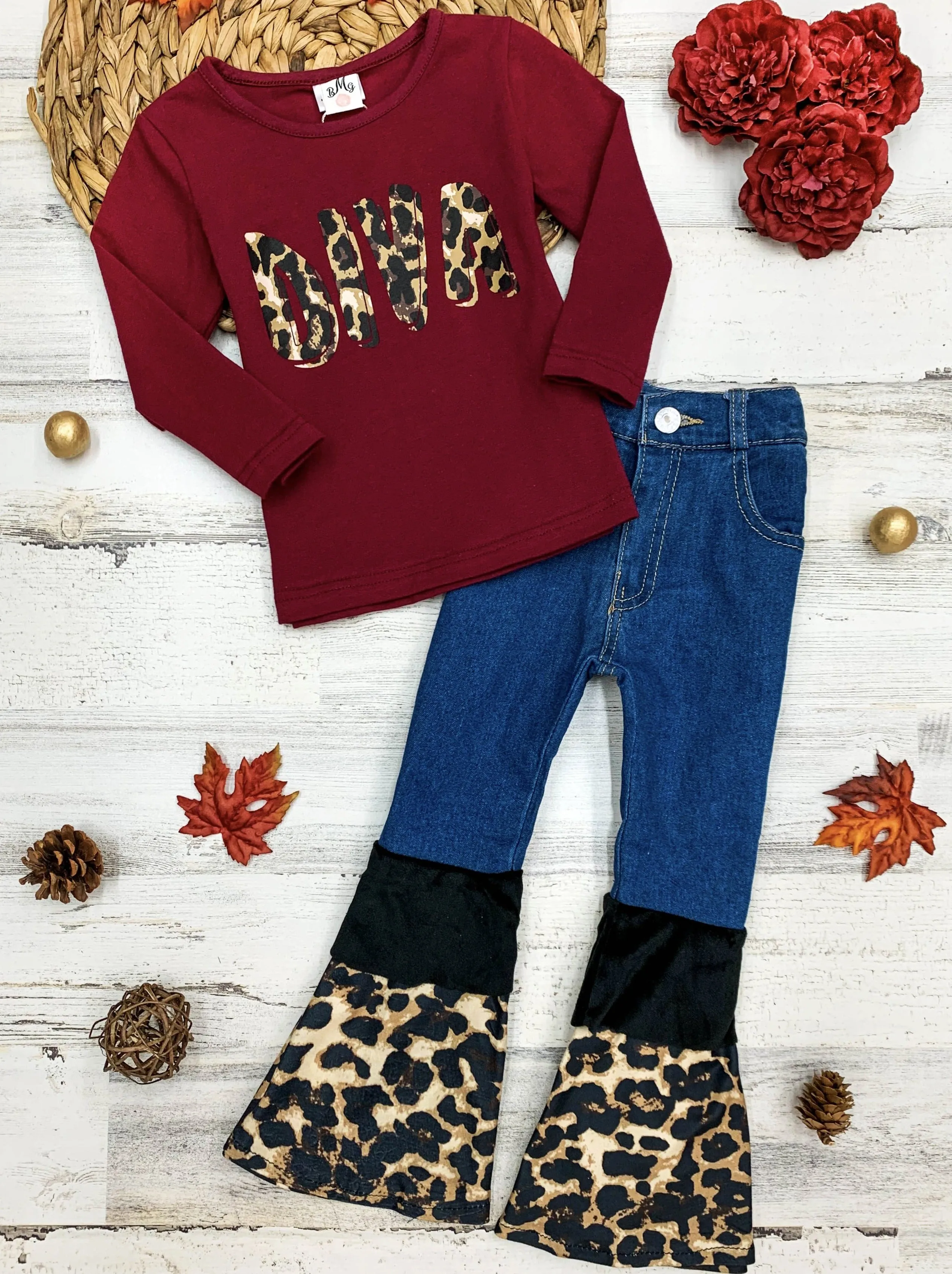 Girls Leopard "Diva" Top and Ruffled Bell Bottom Jeans Set