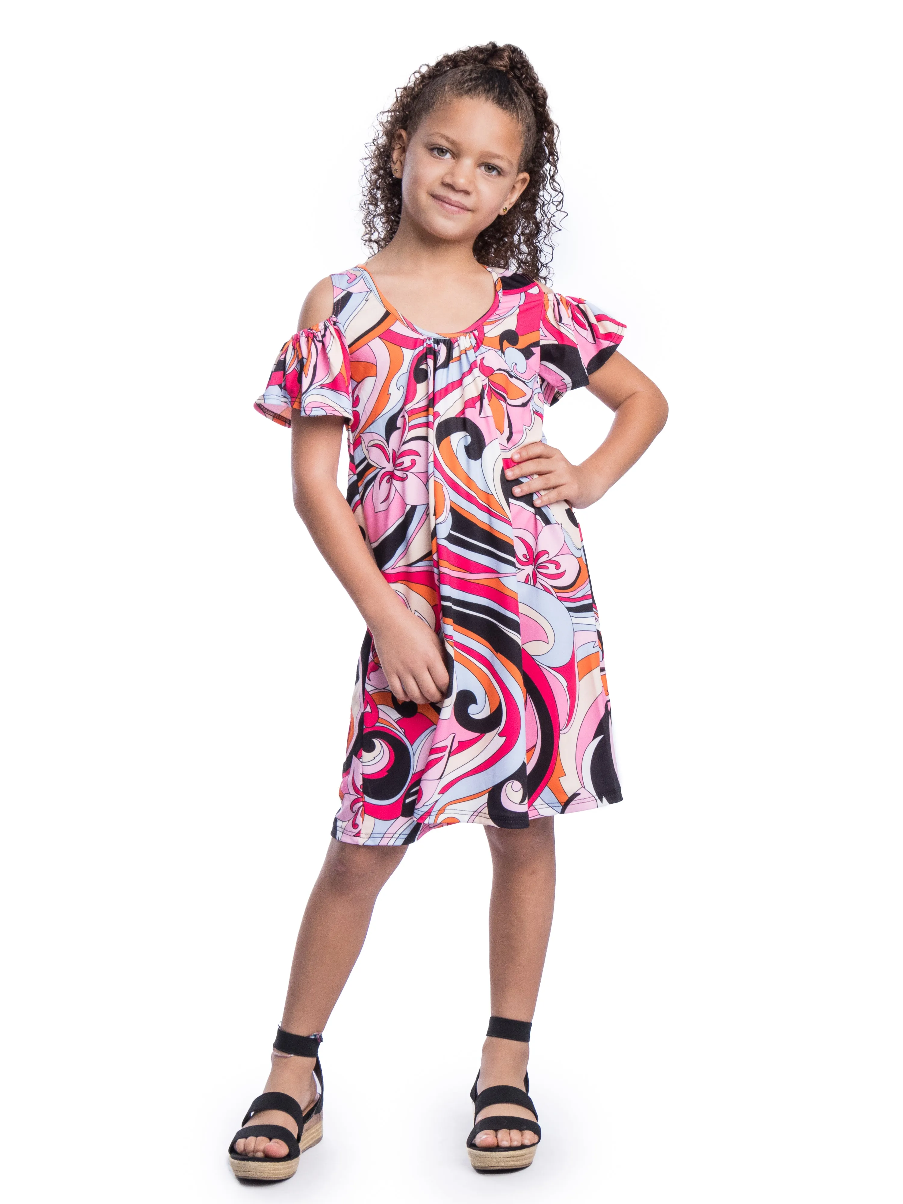 Girls Pink Cold Shoulder Knee Length Dress