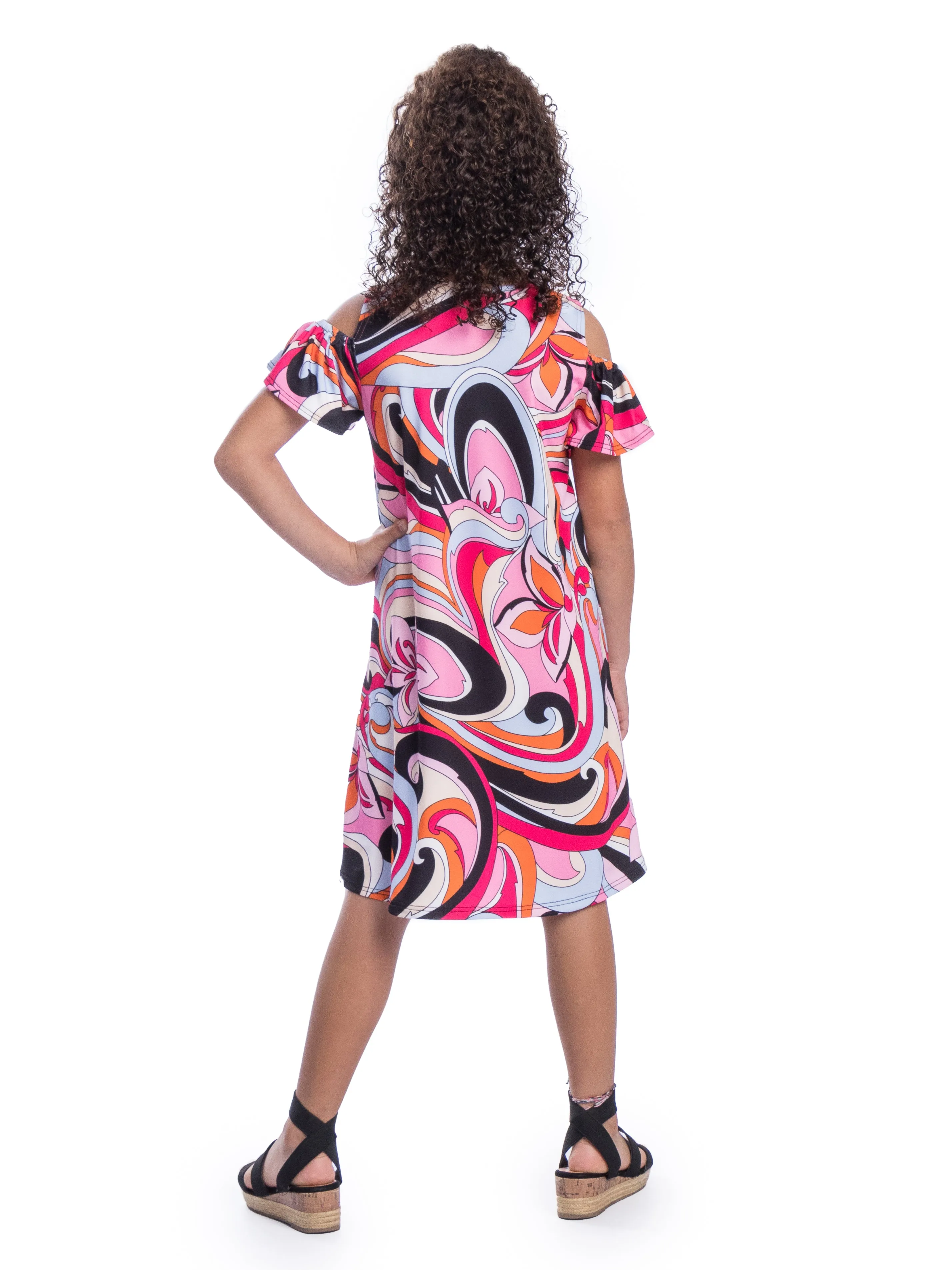 Girls Pink Cold Shoulder Knee Length Dress