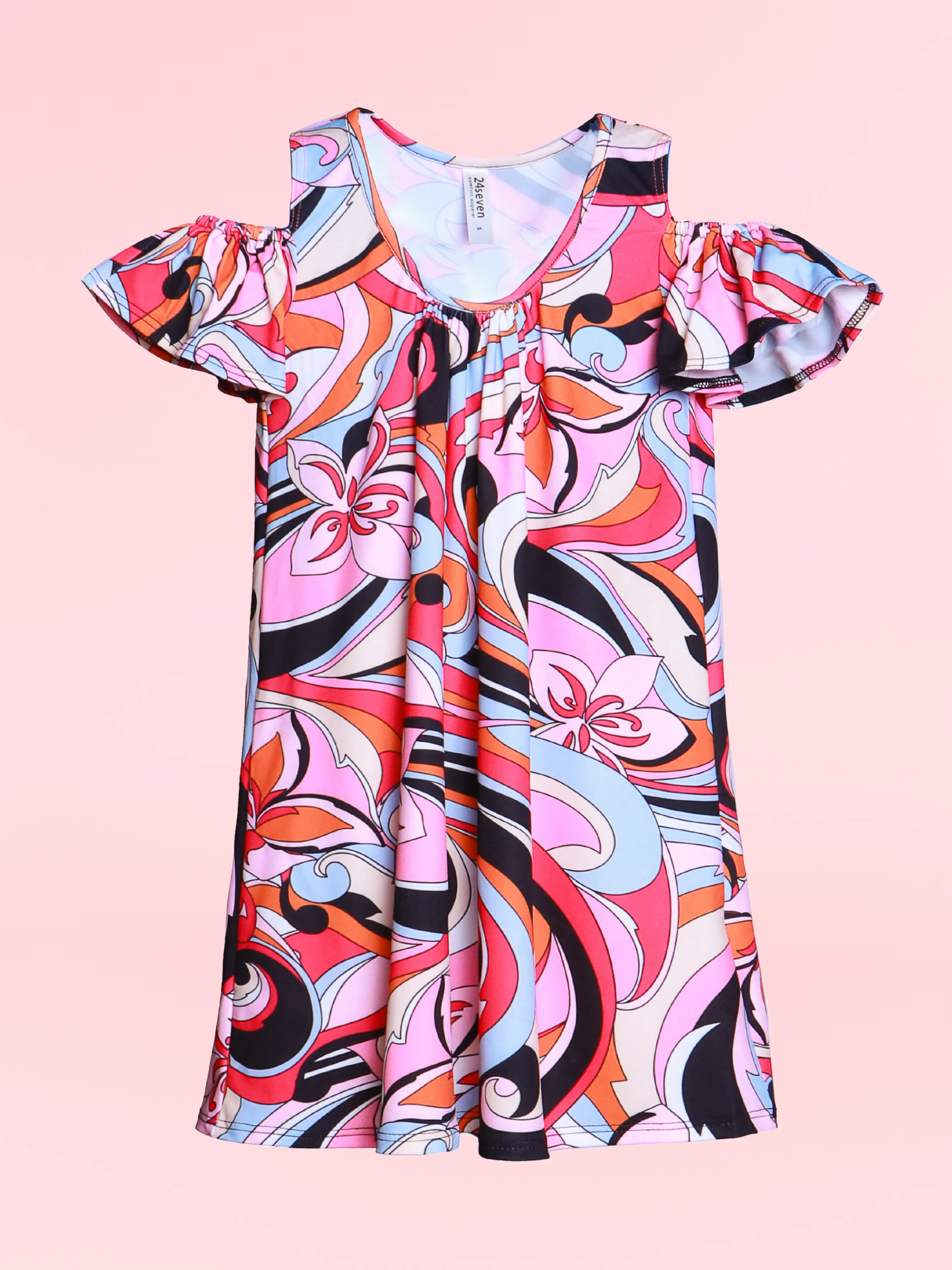Girls Pink Cold Shoulder Knee Length Dress