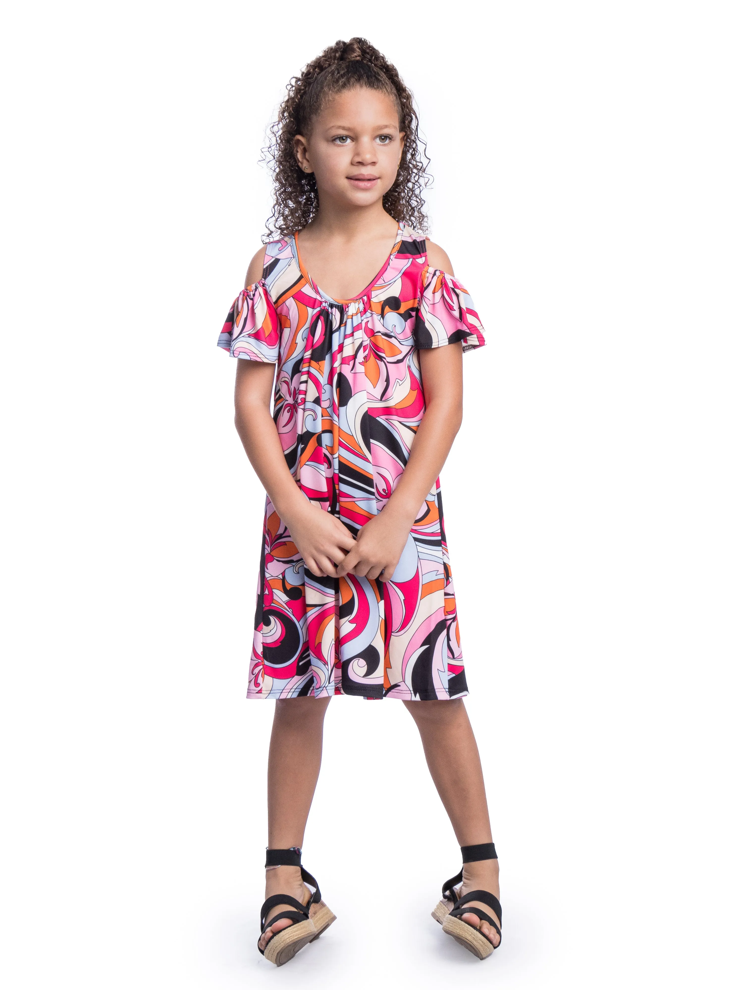Girls Pink Cold Shoulder Knee Length Dress